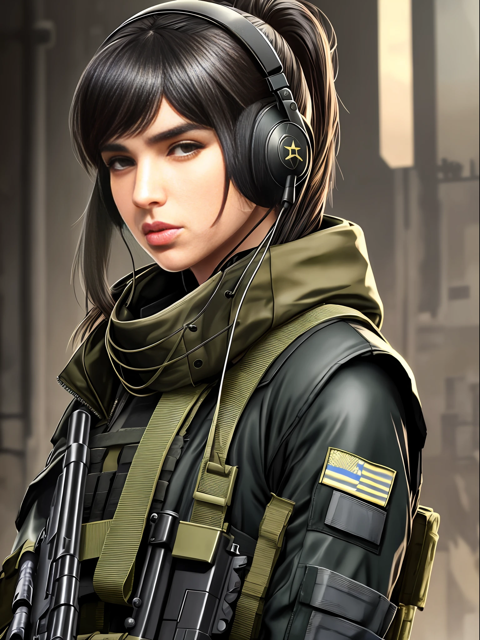a woman, Dua Lipa, in a black outfit holding a rifle and wearing headphones, girl soldier, girl mechanized soldier, military girl, beautiful female soldier, female main character, infantry girl, of a girl sniper at war, female character solo, future combat equipment, close up half body shot, quiet metal gear solid v, wearing tactical equipment, Dressed in tactical armor