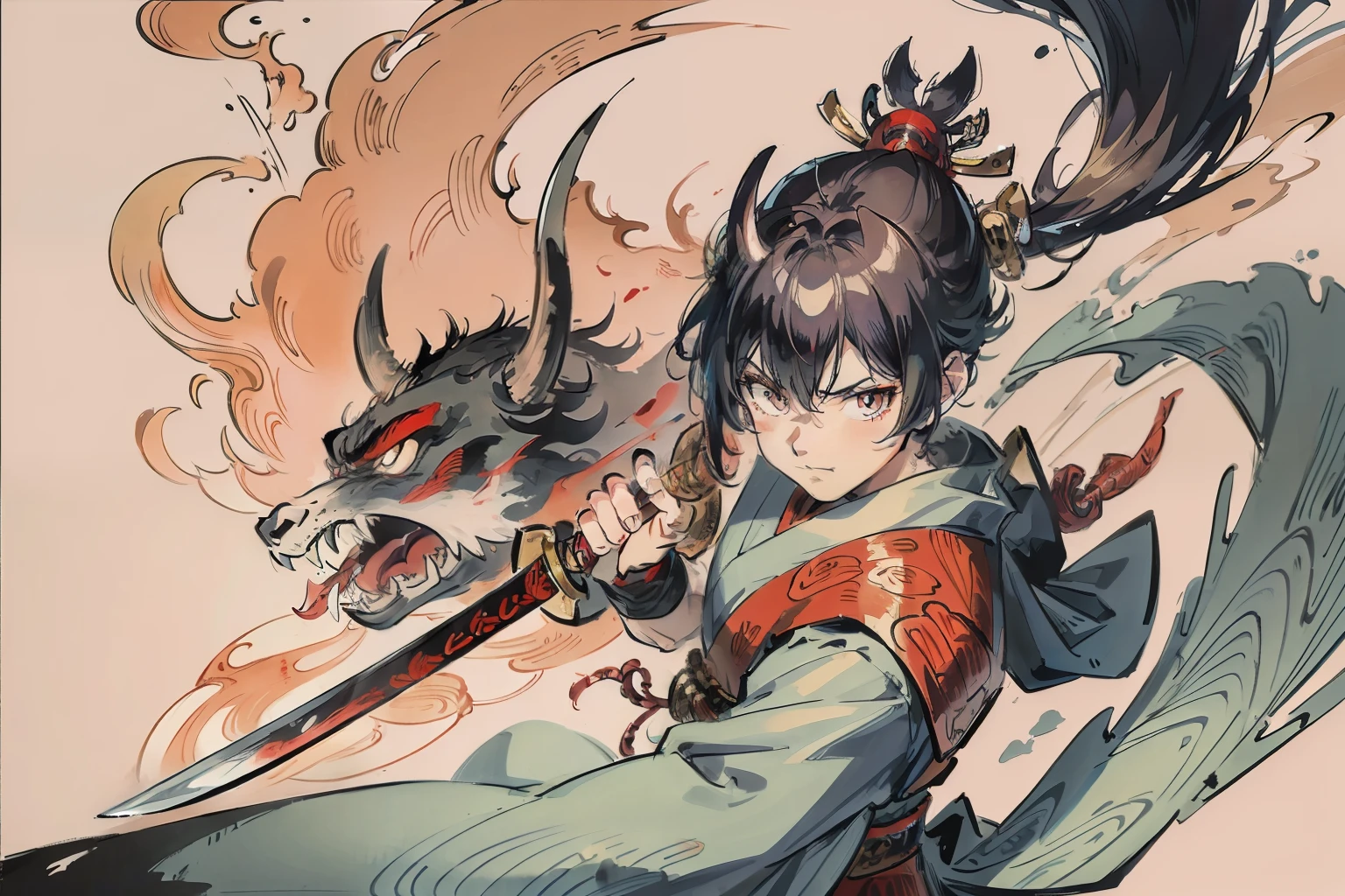Anime , Samurai swordsman facing an oni, Ukiyo-e style, brush painting,