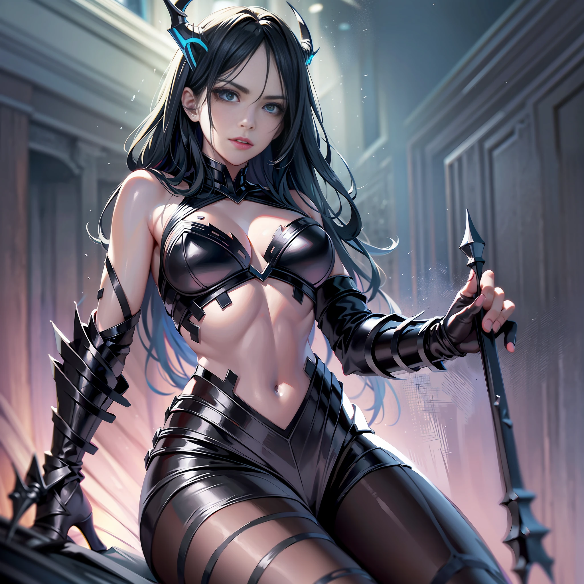 Hela from the movie Thor: Ragnarok, ((perspective)), bottom view, rain, ((body fully visible)),full-length, dark colors, contrasting colors, dark background, wet hair, ((black eyeliner under the eyes))(masterpiece, best quality, super detailed, best shadow), (detailed background, dark fantasy), (beautiful detailed face), high contrast, (best lighting, very delicate and beautiful), ((cinematic light)), colorful, hyper-detailed, dramatic light, intricate details
