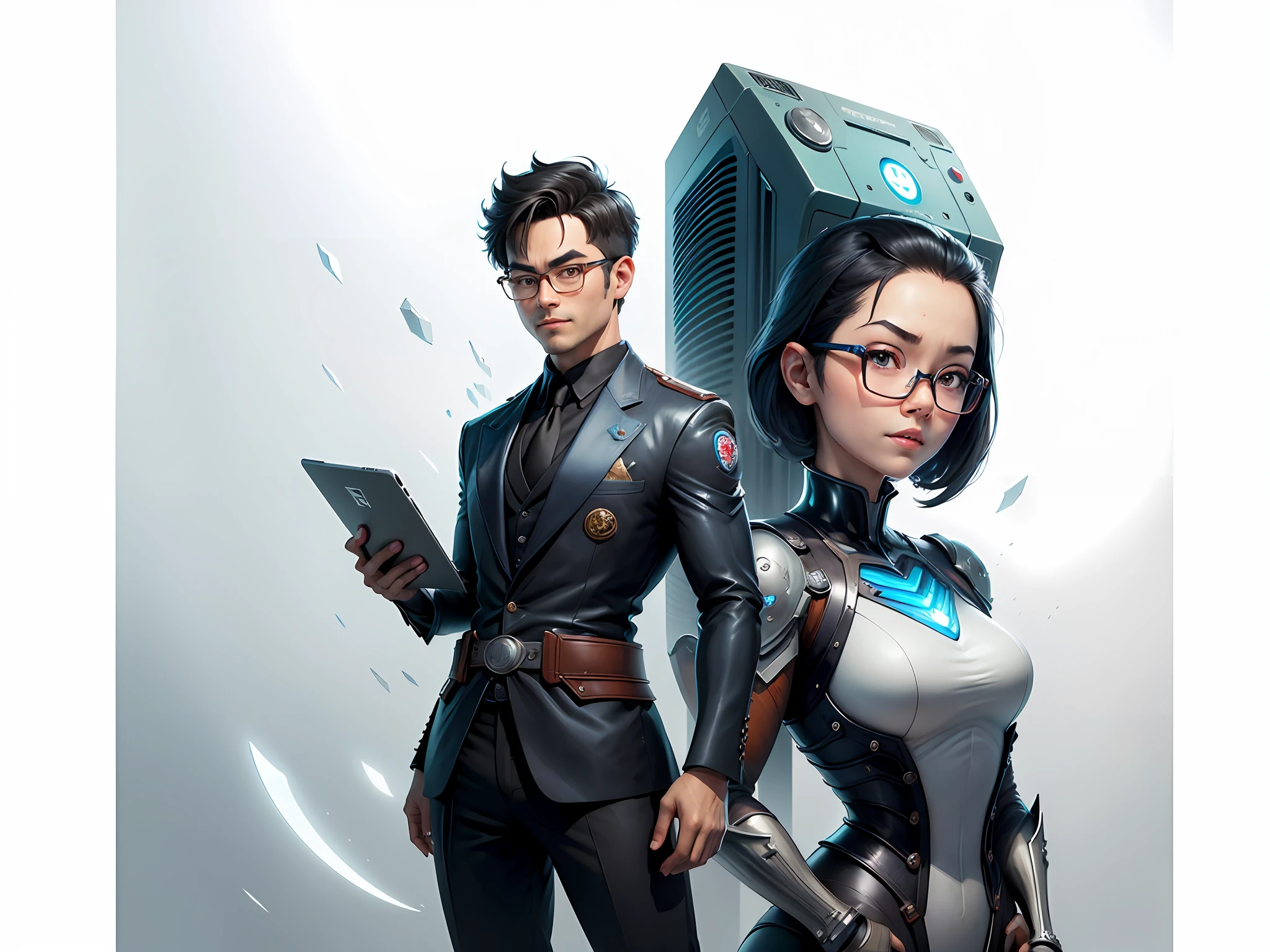Masterpiece), (Excellent), (Super Meticulous), (Full Body: 1.2), Super Young Woman, Beautiful, Sexy, Bursting, Oriental Face, TV Anchor, Bust Portrait Illustration, Alone, Black Suit, Blue Tie, Silver Glasses, Slightly Chubby Face, Very Clean Face, No Beard, Black Super Short Hair, Black Eyes, Confident Smile, 3c Computer Sub-Products, iPad, iPhone, Digital Painting, 3D Character Design by Akira Toriyama with Mark Claireden and Pixar and Hayao Miyazaki, The illustration is a high-definition illustration in 4K resolution with very detailed facial features and cartoon-style visuals.