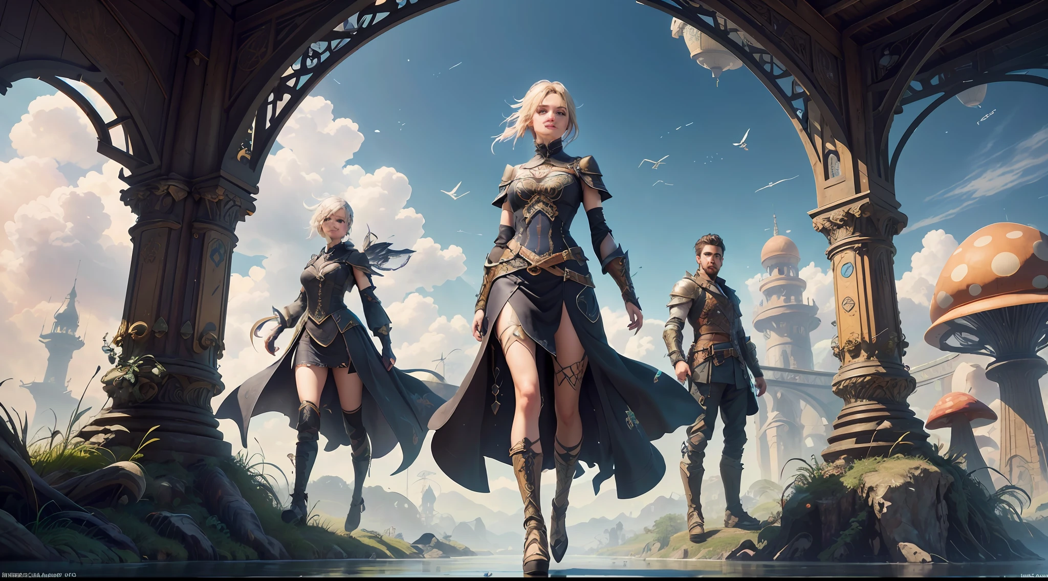 (((Multiplayer, Vivid eyes, men and women))), Best Quality, Realistic, Realistic, Award-Winning Illustrations, (Intricate Details: 1.2), (Fine Details), (Intricate Details), (Cinematic Light, Best Quality Backlight), Clear Lines, Sharp Focus, Official Art, Unity 8k Wallpaper, Ridiculous, Incredibly Absurd, Fantasy Art, RTX, ((Award-winning Triangle Studio Close-up Photo)), 1 Boy, (Shut Up), Best Quality, 4K, beautiful mysterious creatures, female, flying, surrealism, masterpiece by NCWINTERS, in a mysterious country town, masterpiece, intricate details, ff14style, urban painting, bridge, river, giant mushroom, landscape, bright colors, ((((full body image))),