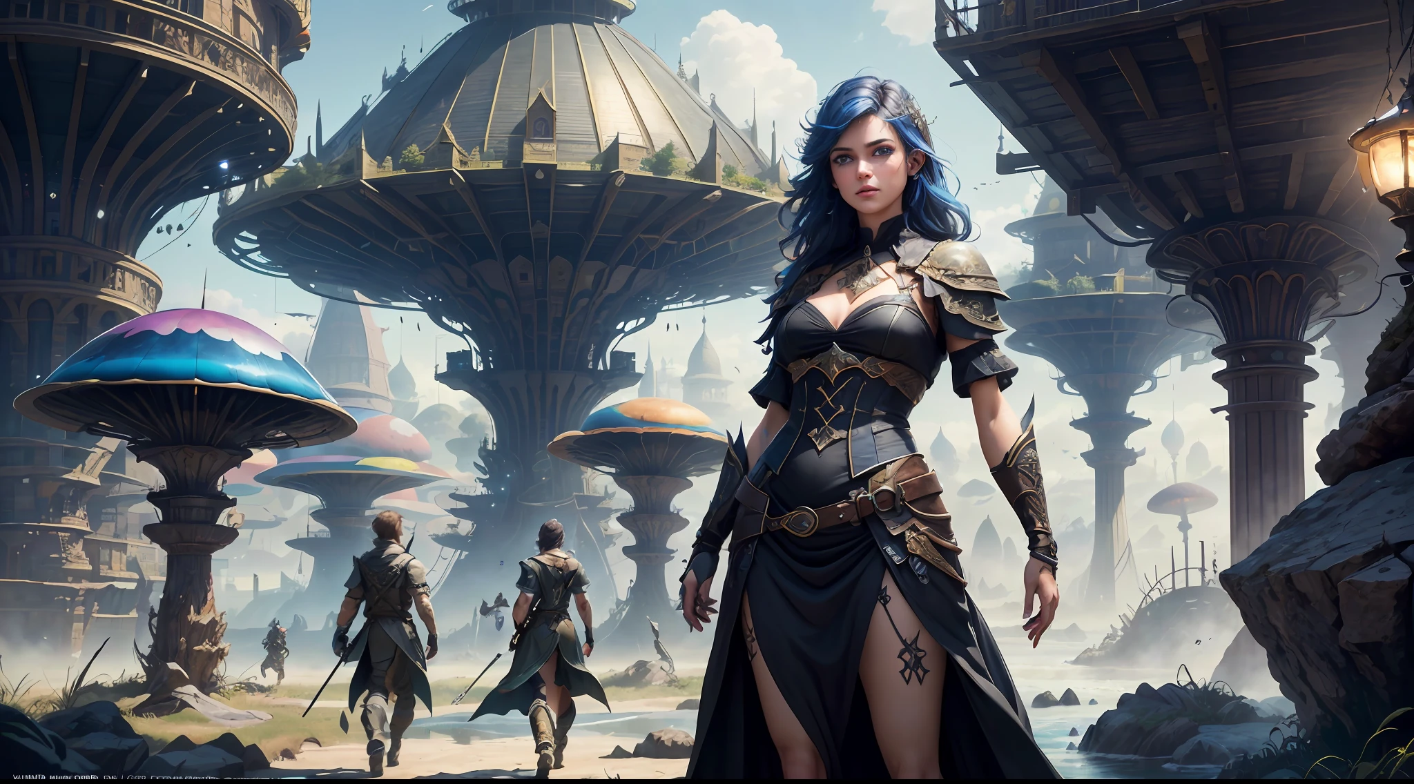 (((Multiplayer, Vivid eyes, men and women))), Best Quality, Realistic, Realistic, Award-Winning Illustrations, (Intricate Details: 1.2), (Fine Details), (Intricate Details), (Cinematic Light, Best Quality Backlight), Clear Lines, Sharp Focus, Official Art, Unity 8k Wallpaper, Ridiculous, Incredibly Absurd, Fantasy Art, RTX, ((Award-winning Triangle Studio Close-up Photo)), 1 Boy, (Shut Up), Best Quality, 4K, beautiful mysterious creatures, female, flying, surrealism, masterpiece by NCWINTERS, in a mysterious country town, masterpiece, intricate details, ff14style, urban painting, bridge, river, giant mushroom, landscape, bright colors, ((((full body image))),
