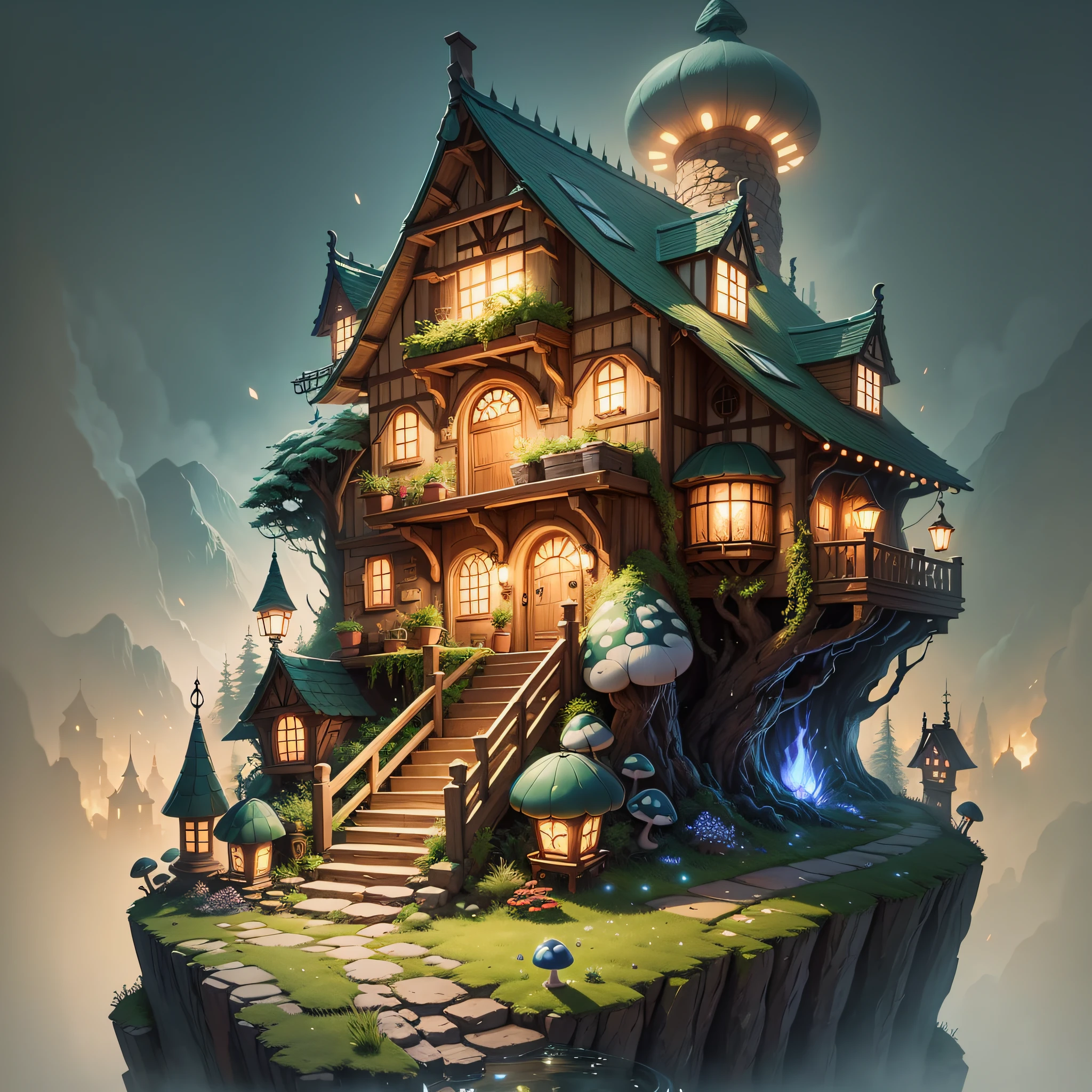 Big Mushroom House, Fairy Tale,Night, Lights, Magic,Realistic illustration,a magical mountain village, concept art, 2d flat vector, Ghibli style, t-shirts design, comic style, charming, fantasy art, watercolor effect, Adobe Illustrator, hand-drawn, zoom out, white background, close to the camera, centered, full body framed in, looking at the camera, approaching perfection, dynamic, highly detailed, smooth, sharp focus, illustration --auto --s2