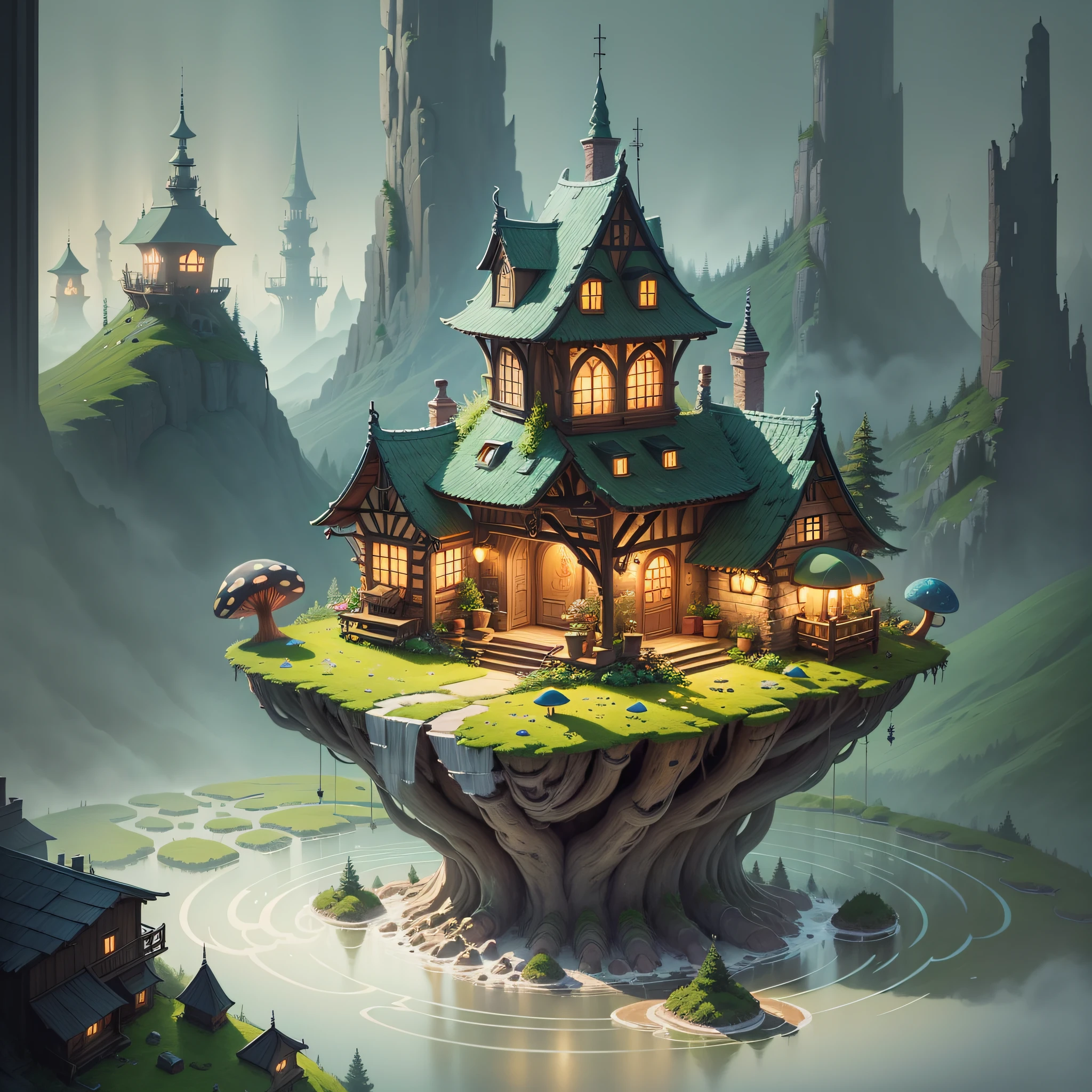 Big Mushroom House, Fairy Tale,Night, Lights, Magic,Realistic illustration,a magical mountain village, concept art, 2d flat vector, Ghibli style, t-shirts design, comic style, charming, fantasy art, watercolor effect, Adobe Illustrator, hand-drawn, zoom out, white background, close to the camera, centered, full body framed in, looking at the camera, approaching perfection, dynamic, highly detailed, smooth, sharp focus, illustration --auto --s2