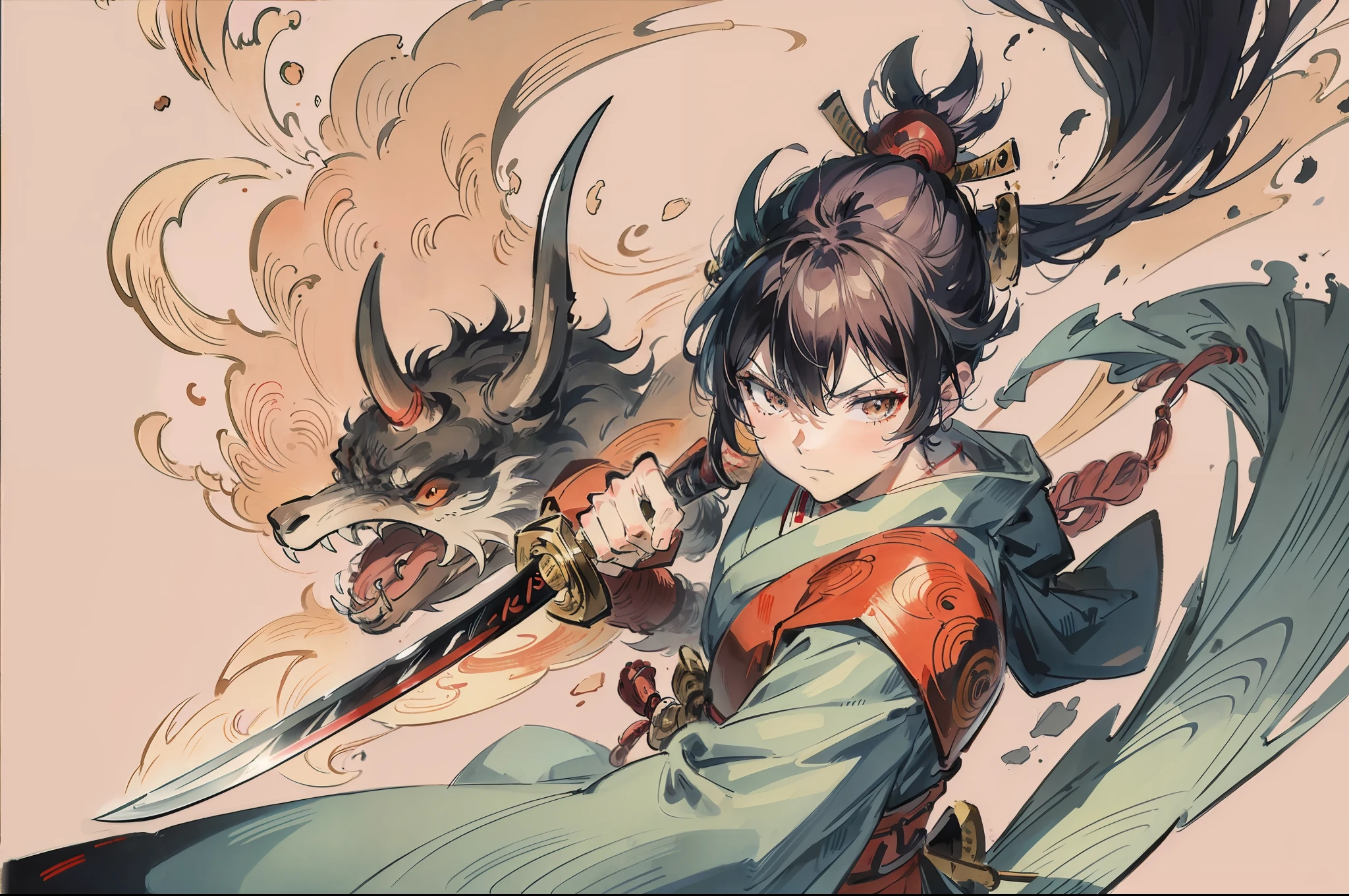 Anime , Samurai swordsman facing an oni, Ukiyo-e style, brush painting,