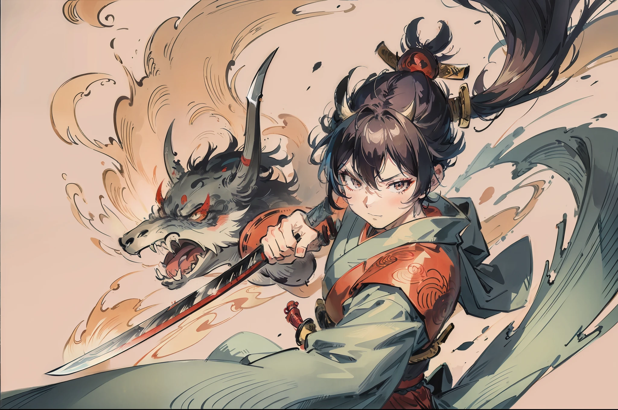 Anime , Samurai swordsman facing an oni, Ukiyo-e style, brush painting,