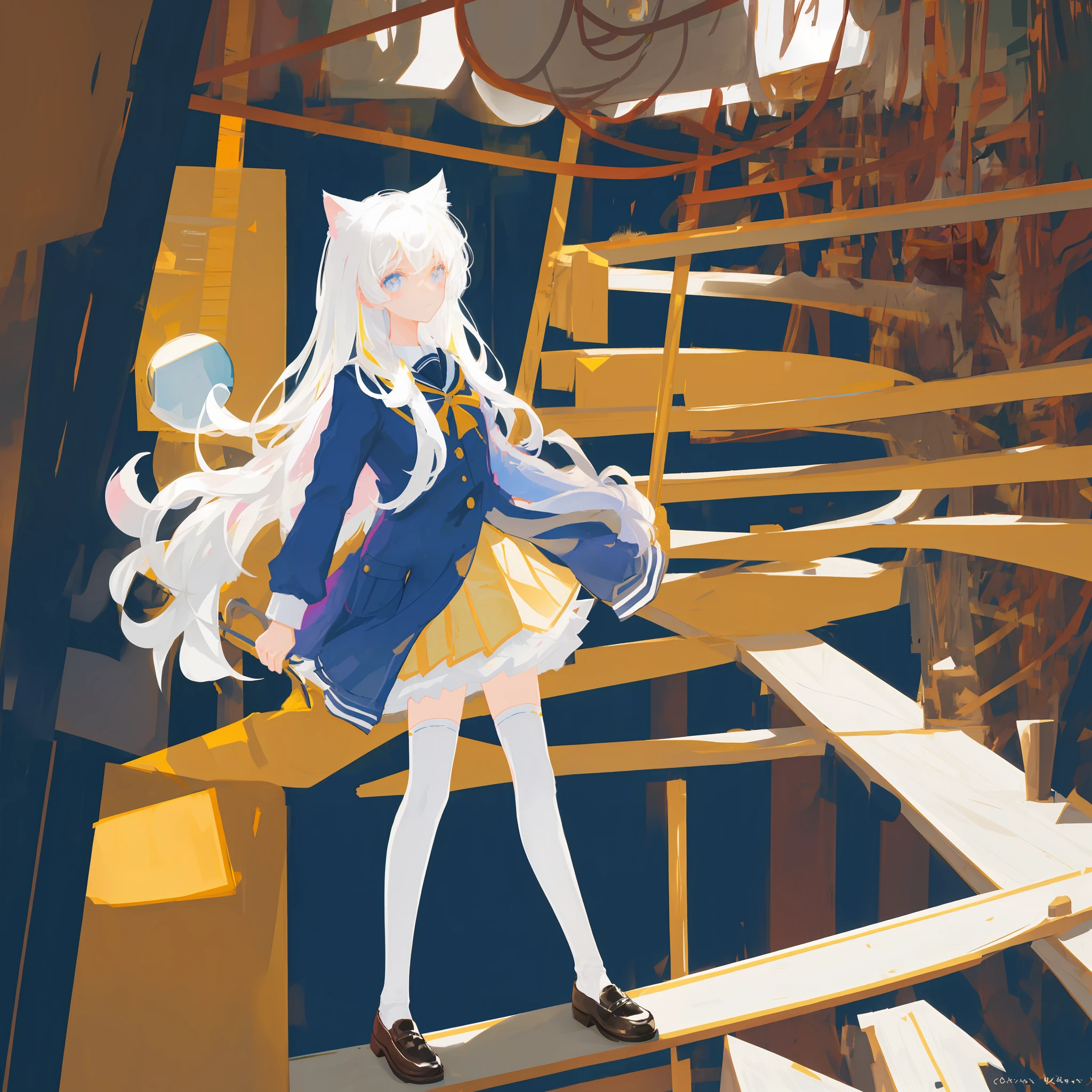 Cat-eared girl uniform white hair white stockings
