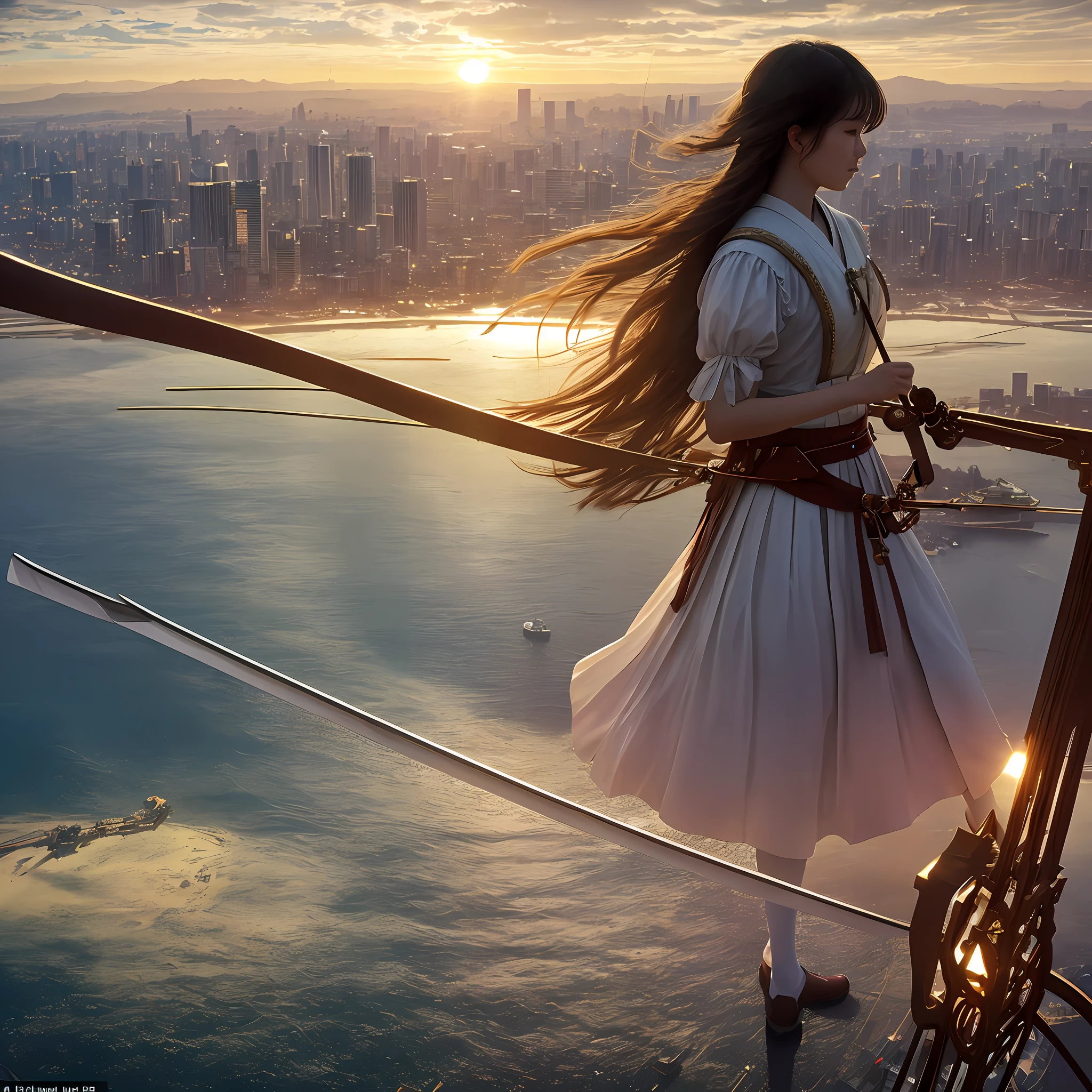 Imagine an epic scene unfolding atop a airship. As the backdrop, the bustling city of Tokyo, skyscrapers reaching towards the heavens. Standing on the deck is a Japanese young female, aged 20, donned in Gothic Lolita a white blouse and black skirt. In her hand, she wields a violin bow, brandishing it like a sword. Her body language is full of dynamism, as if she’s charging forward, fearlessly making her stand.
Across from her stands Leonardo da Vinci, a figure of the Renaissance period. He is garbed in traditional Italian Renaissance attire, holding a large bow, poised to counter her attacks.
The air around them is alive with luminescent equations and mathematical graphs, hovering like augmented reality symbols, adding a technological and mystical flair to the scene. These equations and graphs glow, creating optical spatial effects that add another layer of complexity to the image.
The setting sun paints the sky with hues of crimson and gold, casting long shadows and bathing the subjects in a warm glow. The river below reflects the same sunset, creating a breathtaking mirror image. Majestic clouds stretch across the skyline, further enhancing the grandeur of the scene.
The evening light illuminates both the woman and Leonardo, highlighting their intense duel atop the airship. The sun’s rays create an atmosphere of high drama and intensity, each moment captured in the golden hour. The professional lighting highlights her glossy skin and the high-quality rendering