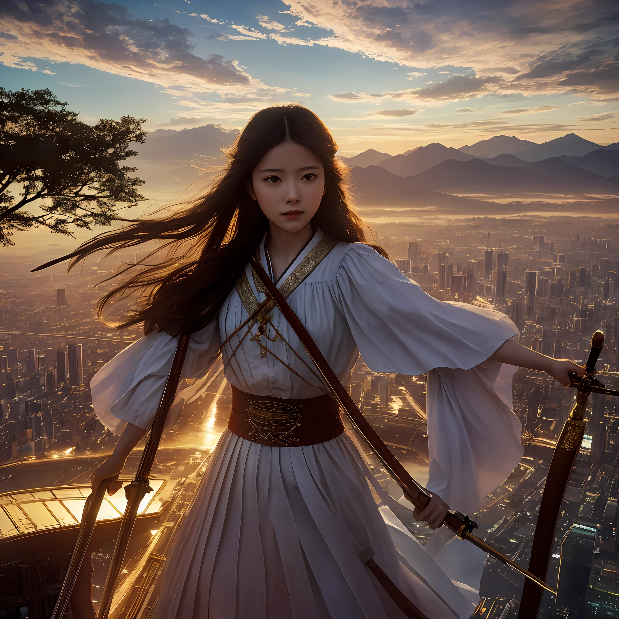 Imagine an epic scene unfolding atop a airship. As the backdrop, the bustling city of Tokyo, skyscrapers reaching towards the heavens. Standing on the deck is a Japanese young female, aged 20, donned in Gothic Lolita a white blouse and black skirt. In her hand, she wields a violin bow, brandishing it like a sword. Her body language is full of dynamism, as if she’s charging forward, fearlessly making her stand.
Across from her stands Leonardo da Vinci, a figure of the Renaissance period. He is garbed in traditional Italian Renaissance attire, holding a large bow, poised to counter her attacks.
The air around them is alive with luminescent equations and mathematical graphs, hovering like augmented reality symbols, adding a technological and mystical flair to the scene. These equations and graphs glow, creating optical spatial effects that add another layer of complexity to the image.
The setting sun paints the sky with hues of crimson and gold, casting long shadows and bathing the subjects in a warm glow. The river below reflects the same sunset, creating a breathtaking mirror image. Majestic clouds stretch across the skyline, further enhancing the grandeur of the scene.
The evening light illuminates both the woman and Leonardo, highlighting their intense duel atop the airship. The sun’s rays create an atmosphere of high drama and intensity, each moment captured in the golden hour. The professional lighting highlights her glossy skin and the high-quality rendering