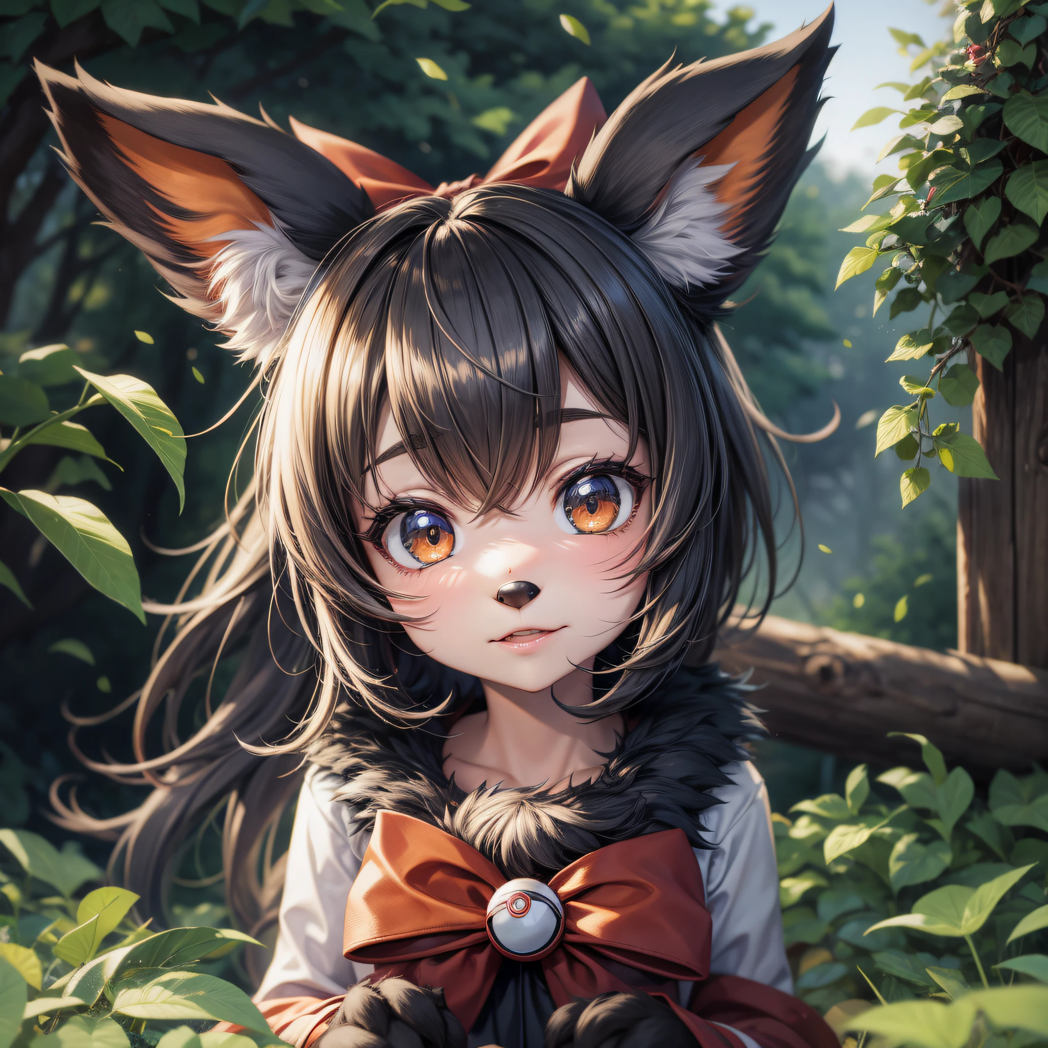 by kenket, by totesfleisch8, (by thebigslick, by silverfox5213:0.8), (by syuro:0.2), pokekid, eevee, cute girl, furry girl, female, has a big cute bow in her hair, has animal paws for hands, 2girl, best quality, outdoor, high definition, beautiful, --auto --s2