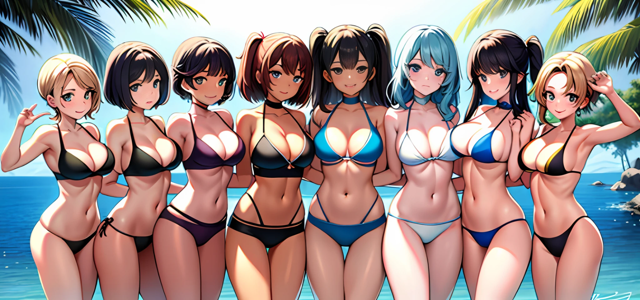 {{{masterpiece}}}, {{{{{official art}}}}}, ((best quality)), many womans, group shot, bikini, colorful,