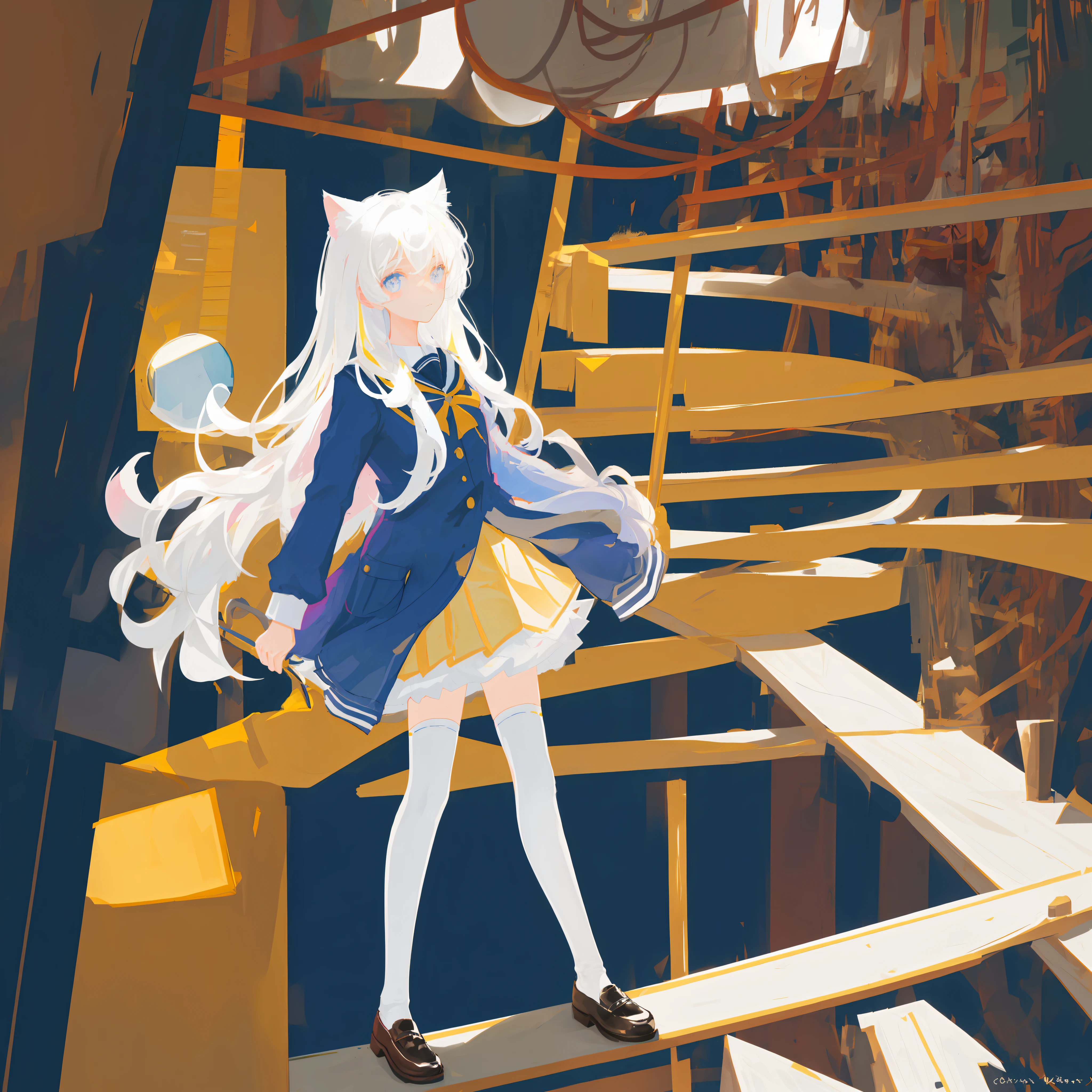 Cat-eared girl uniform white hair white stockings