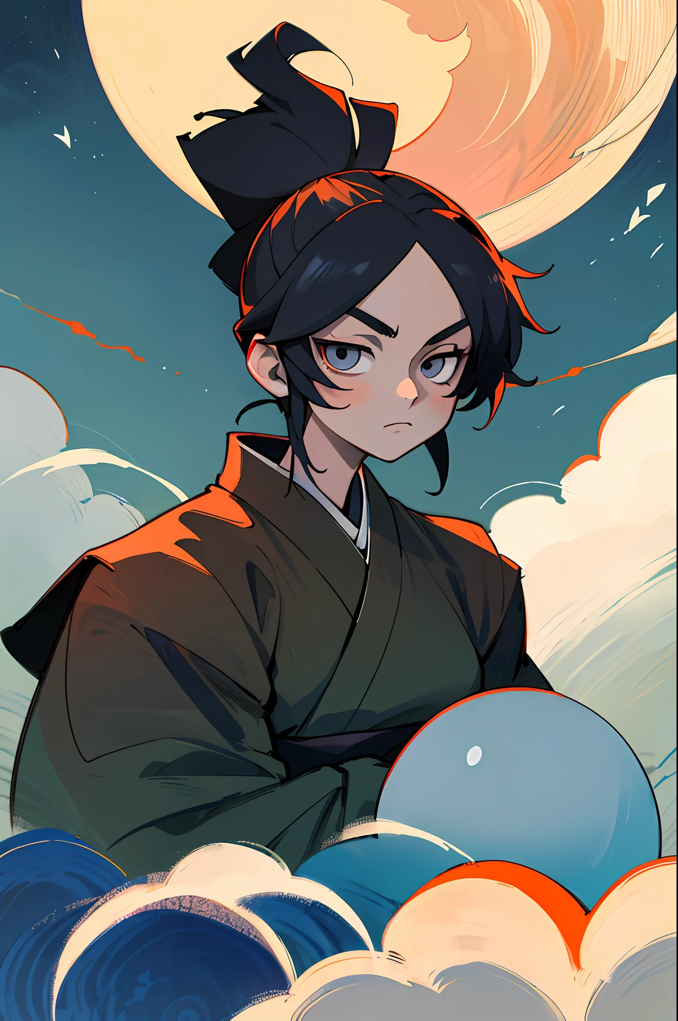 (best quality, masterpiece), 1girl, Japan, Ninja on a Rooftop, Moon, cloud, upper body, sitting, dark eyes