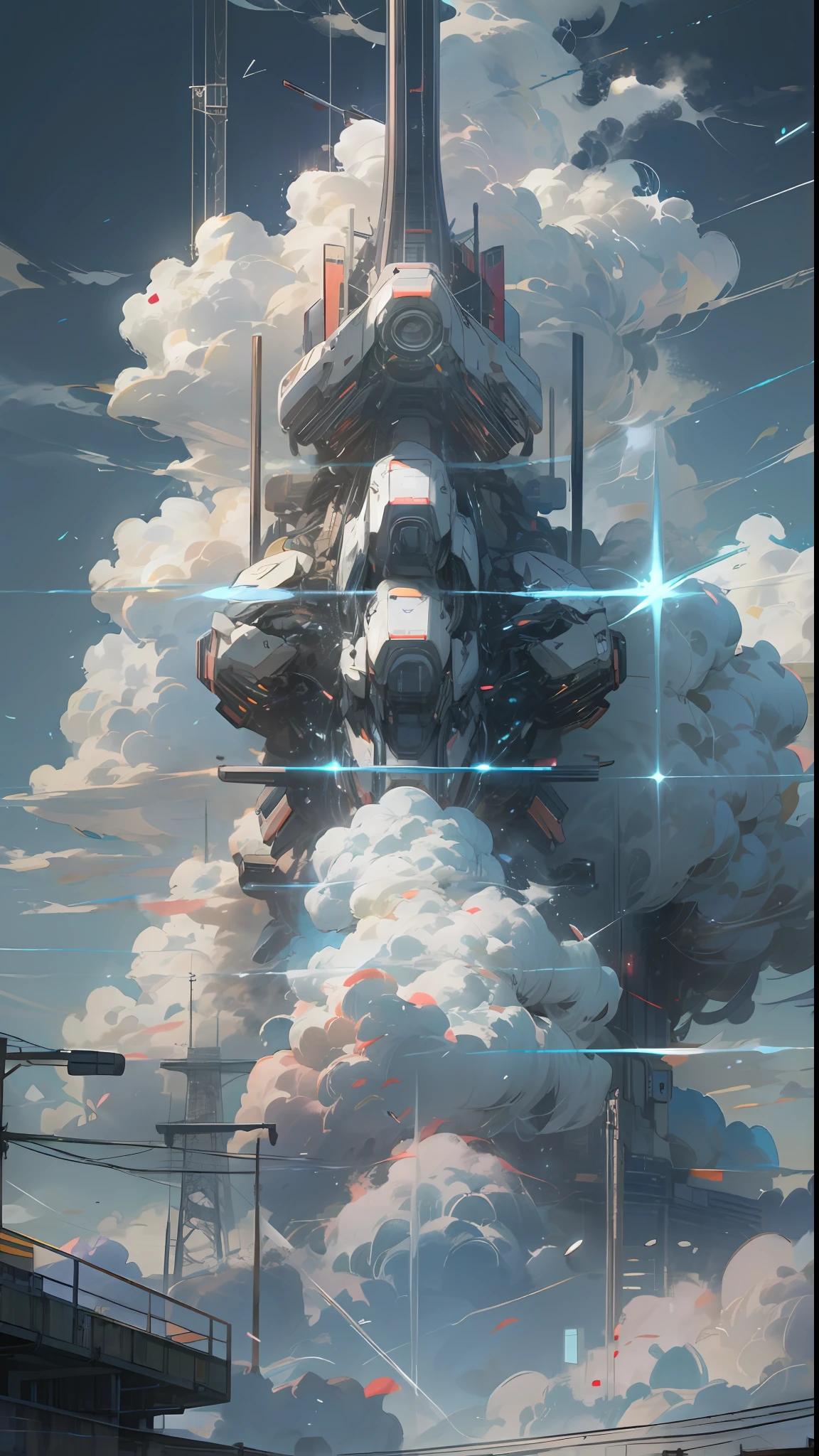 Sky, Clouds, holding_weapon, no_humans, Glow, Robots, Architecture, Science Fiction, Cities, Reality --v6