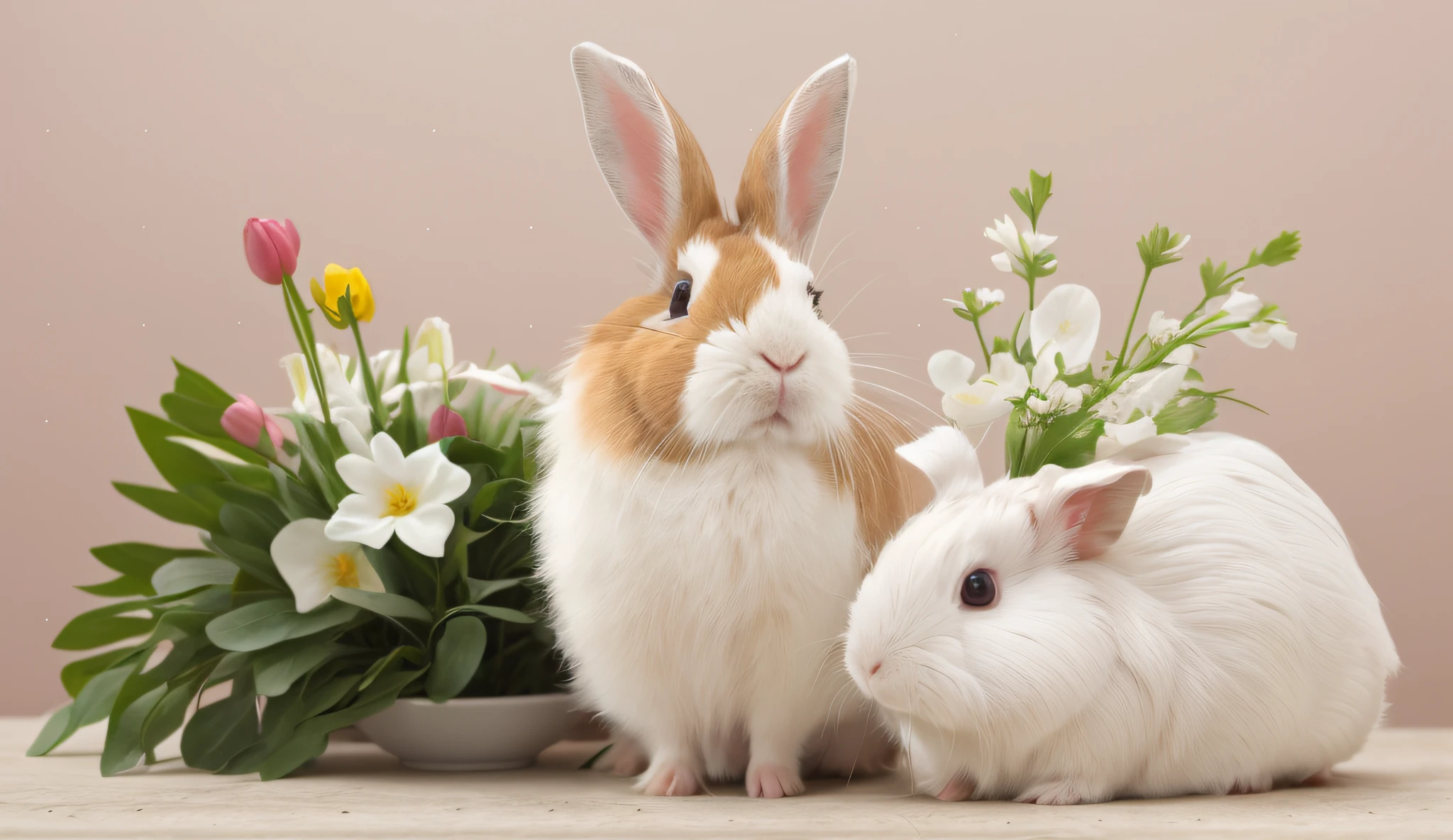 Rabbit, guinea pig, flowers, against the background of nature