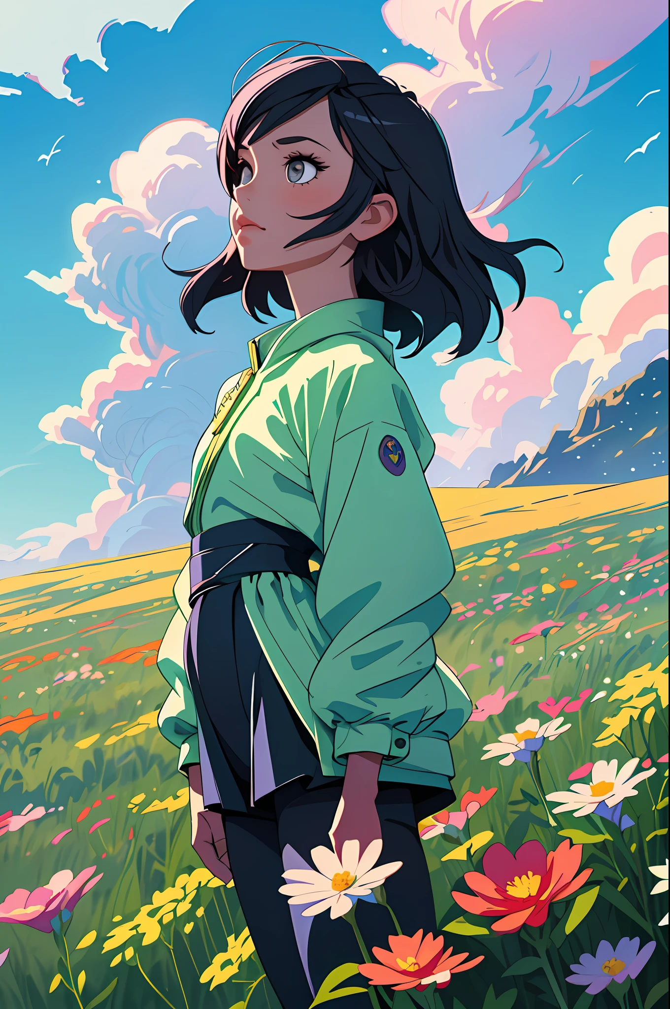 (best quality, masterpiece), a girl and a boy, overcast sky, flowers in the field, particles, contrapposto, alternative hairstyle,