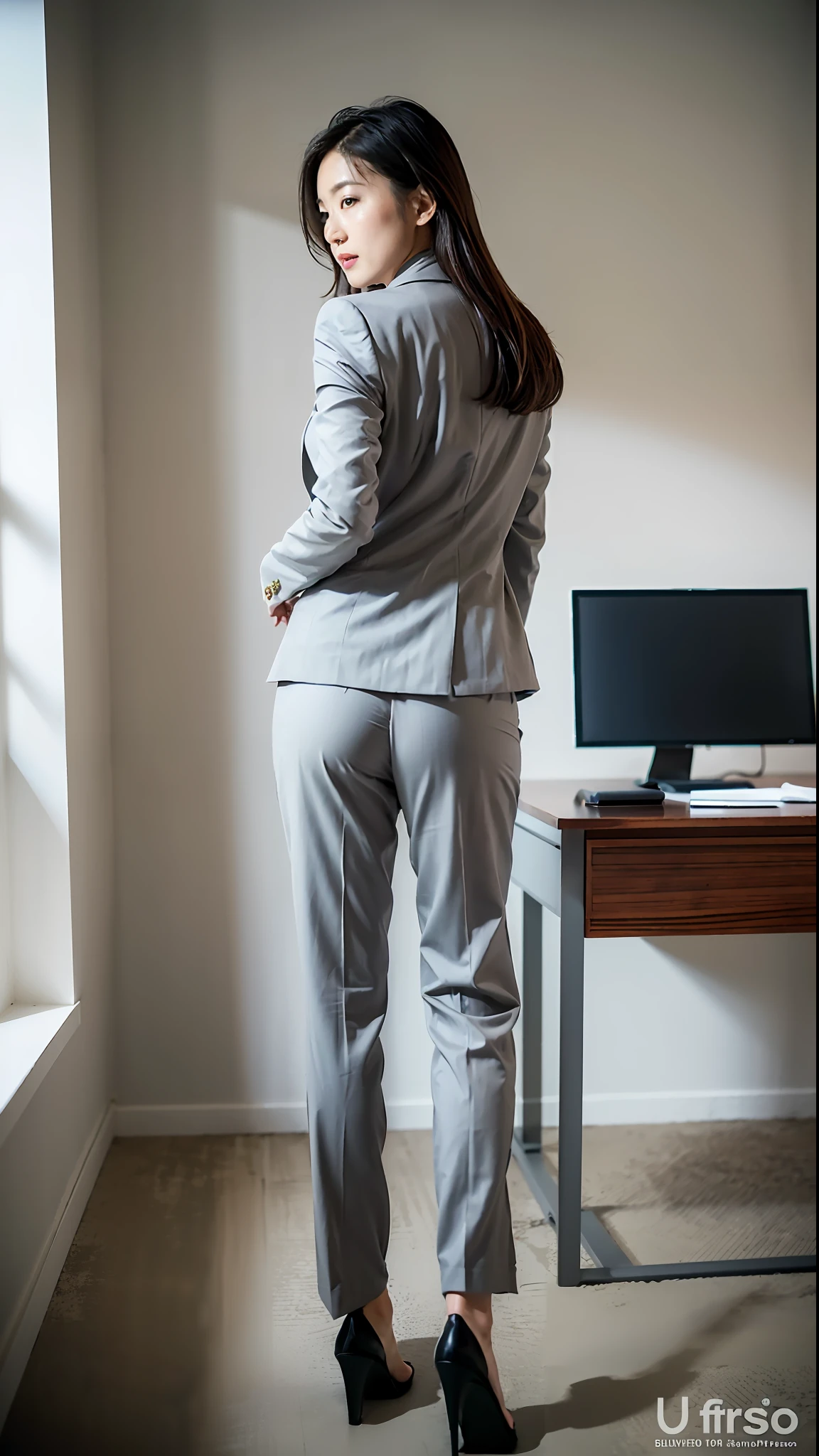 (Best quality, 8k, 32k, masterpiece, UHD: 1.2), 1 girl, beautiful Japanese woman, narrow waist, gray suit, open jacket, office lady, suit, pants, from behind, office, desk, (sticking out hips: 1.2), detailed face, full body