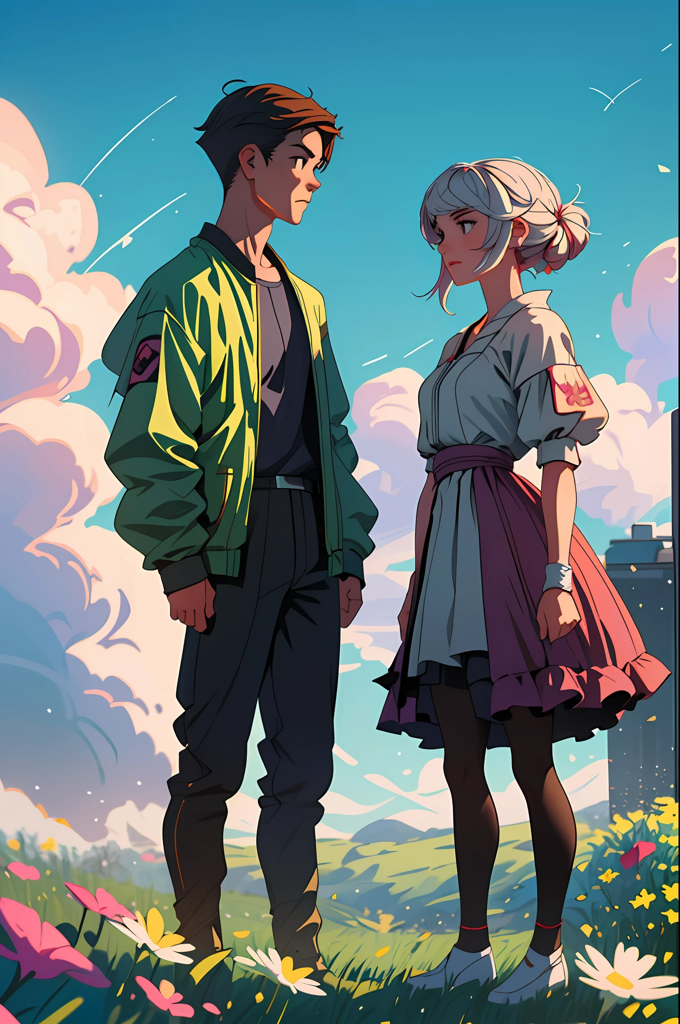 (best quality, masterpiece), couple, a boy and a girl, overcast sky, flowers in the field, particles, contrapposto, alternative hairstyle, adventure, particles, artstation trend