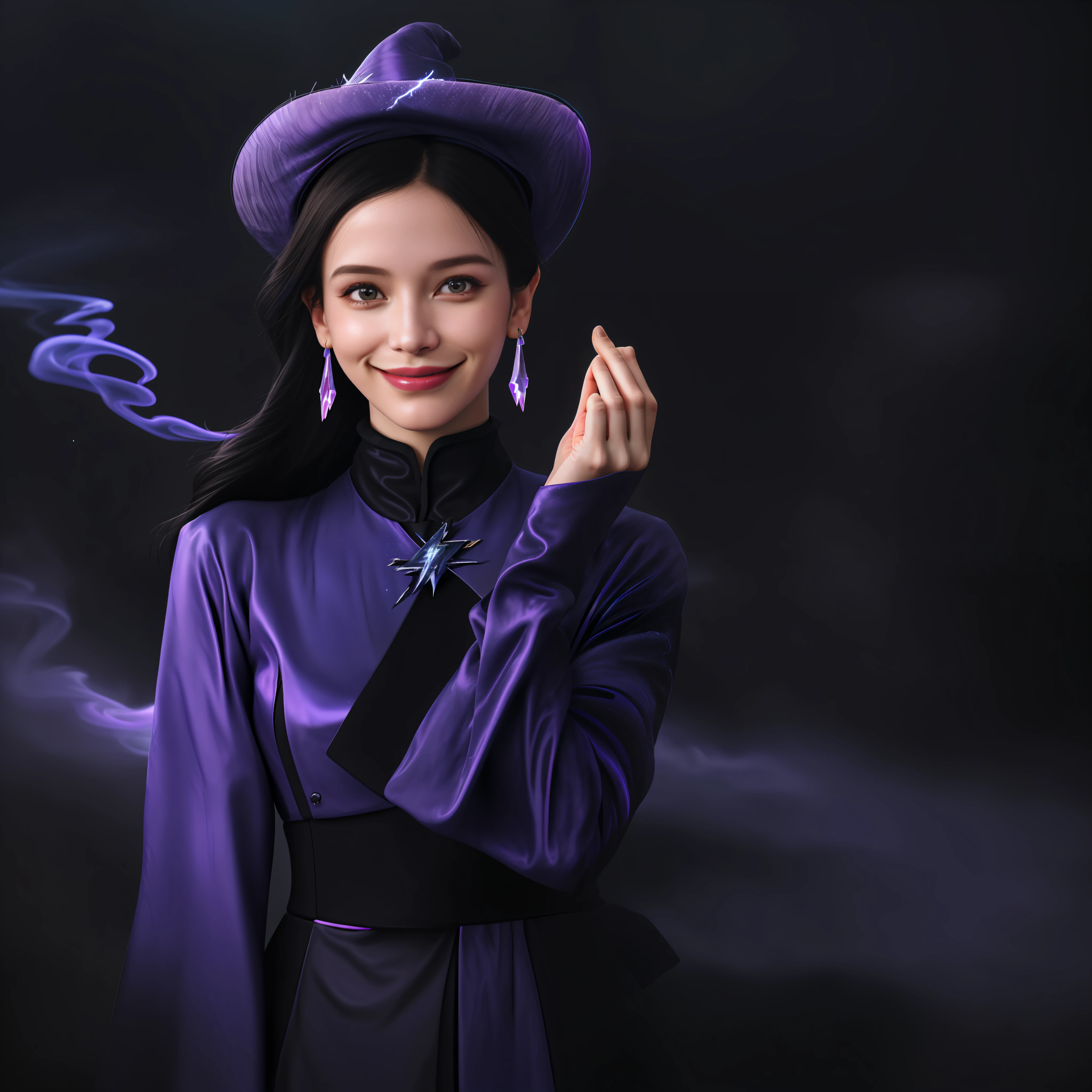 Best Quality, Masterpiece, Ultra High Resolution, (Realistic: 1.3), Original Photo, Unity 8k Wallpaper, Cowboy Shot, Witchcraft Punk AI, Purple and Blue Tones, (Lightning: 1.2), Panorama, In the Castle, Halo, Halo, (Light Particle: 1.2), Witch Hat, Witch Mercy, (Spell: 1.2), (Evil Smile: 1.1), Glowing Hands, Glowing Hair, Happy, Smoke, Phanpy, Shocking Scene, Complex Background,