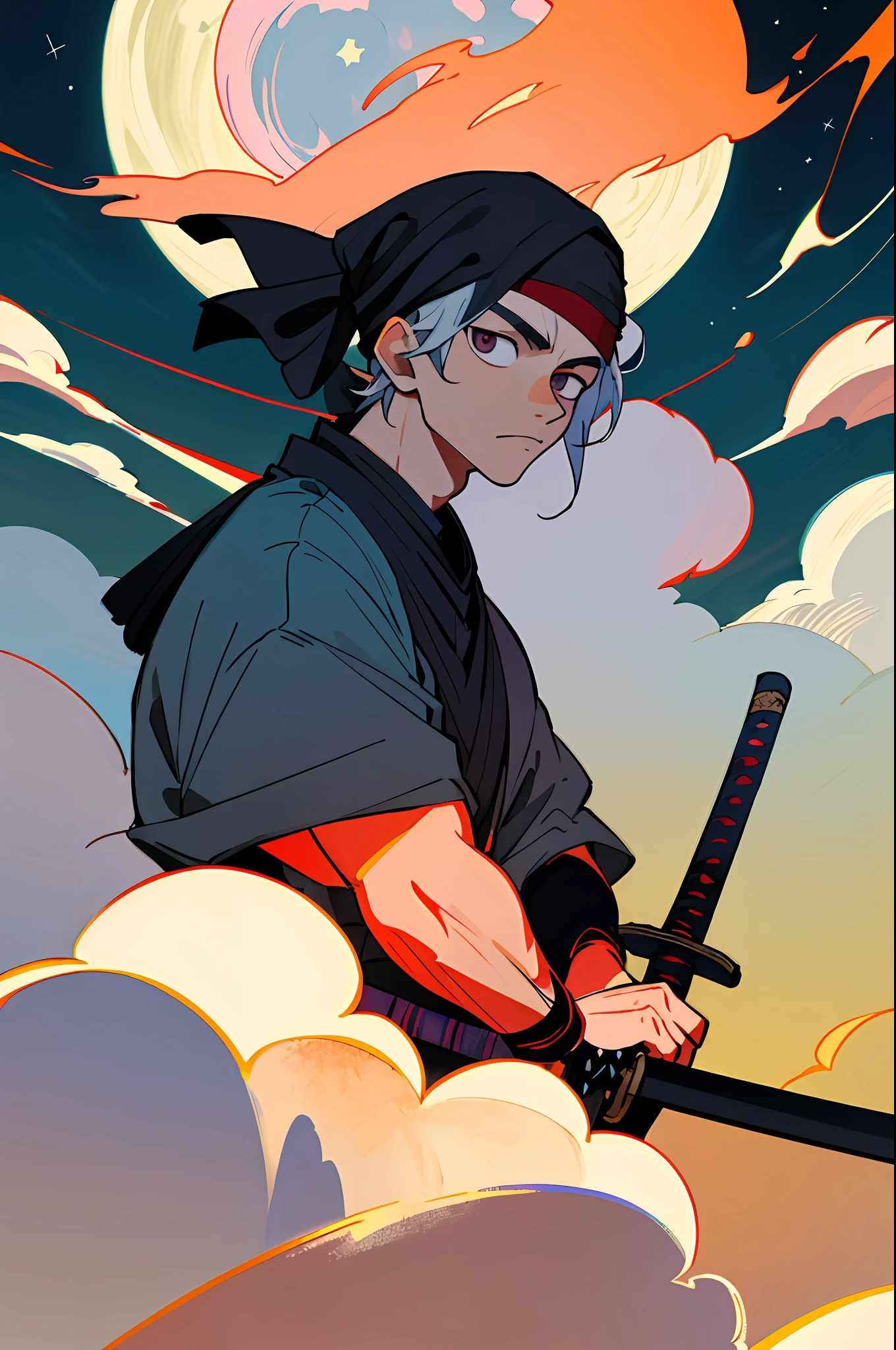 (best quality, masterpiece), 1boy, Japan, Ninja on a Rooftop, Moon, cloud, upper body, sitting, dark eyes, sword on back, bandana