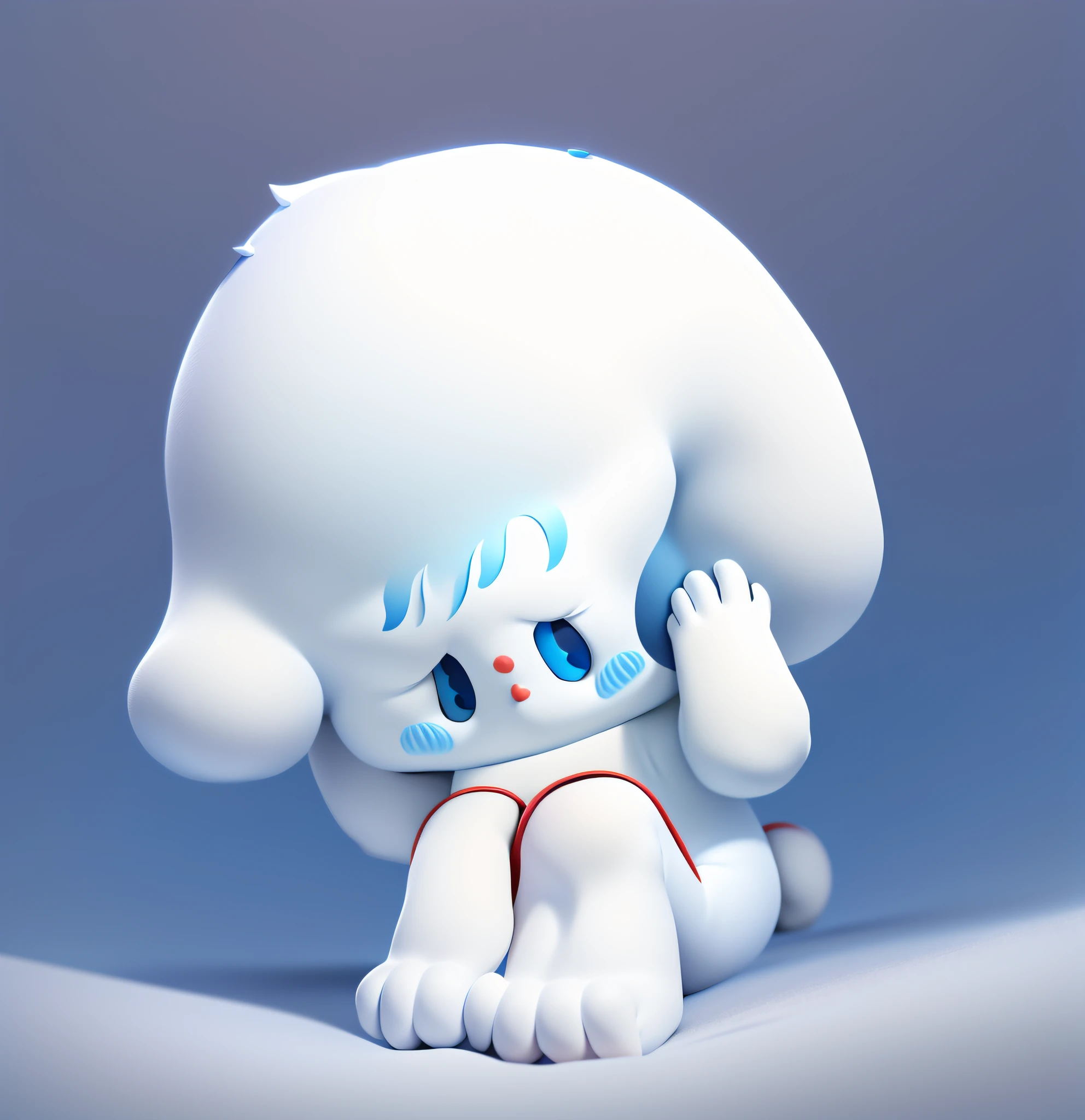Blue eyes, red nose, white mouth, no red arms, two legs, no clothes, pure white body, pure white tail, pure white hands, pure white hair, puppy, concentrated facial features, bangs on the eyes, hands raised, small round tail, big ears, cute, pure white background, squat position, thick fingers, no fluff