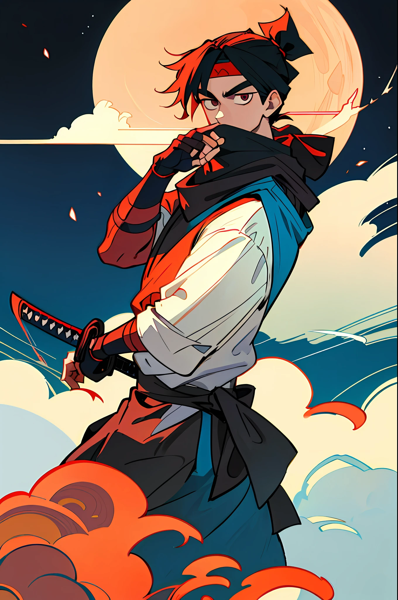 (best quality, masterpiece), 1boy, Japan, Ninja on a Rooftop, Moon, cloud, upper body, sitting, dark eyes, sword on back, bandana