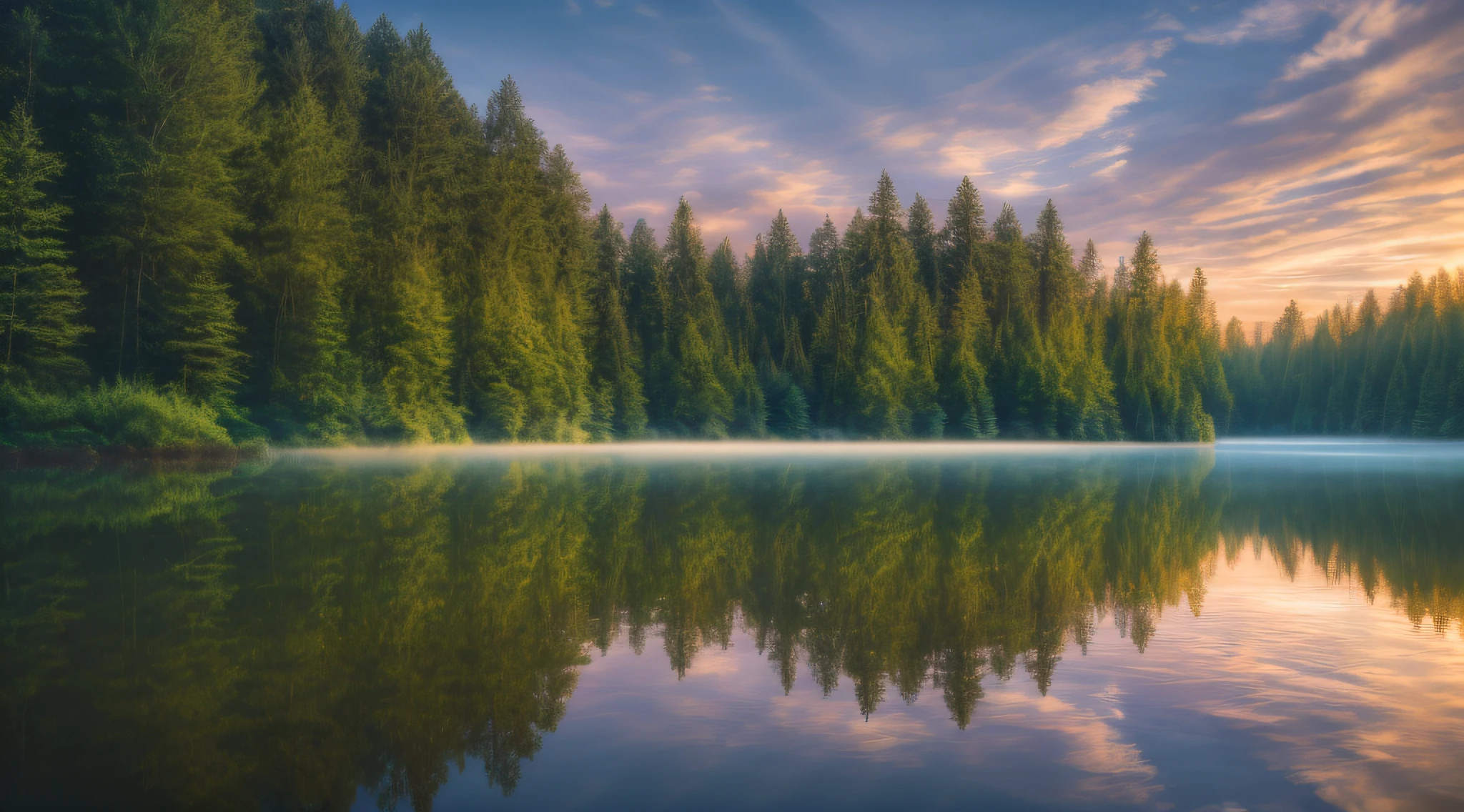 wallpaper, summer, lake, dawn, forest, detailed forest, clouds, masterpiece, cinematic, soft light, depth of field, ray tracing, reflection in water, realism, ulra detailed,