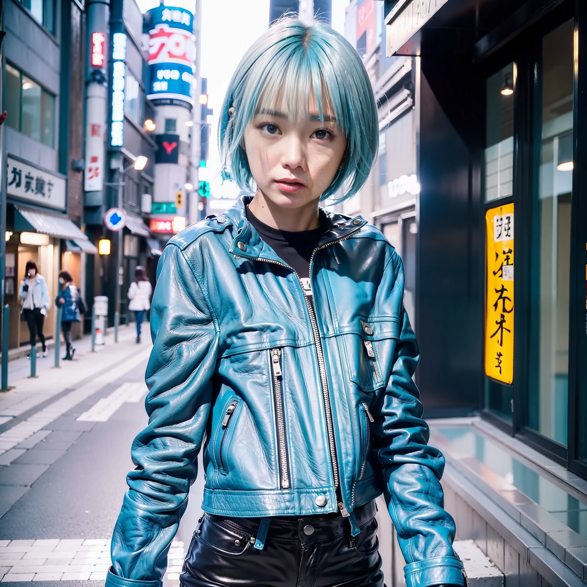 Japan Female, 18 years old, looking at the camera, close-up boyish wild cool light blue riders jacket leather pants leather boots 180cm g cup light blue hair short bob