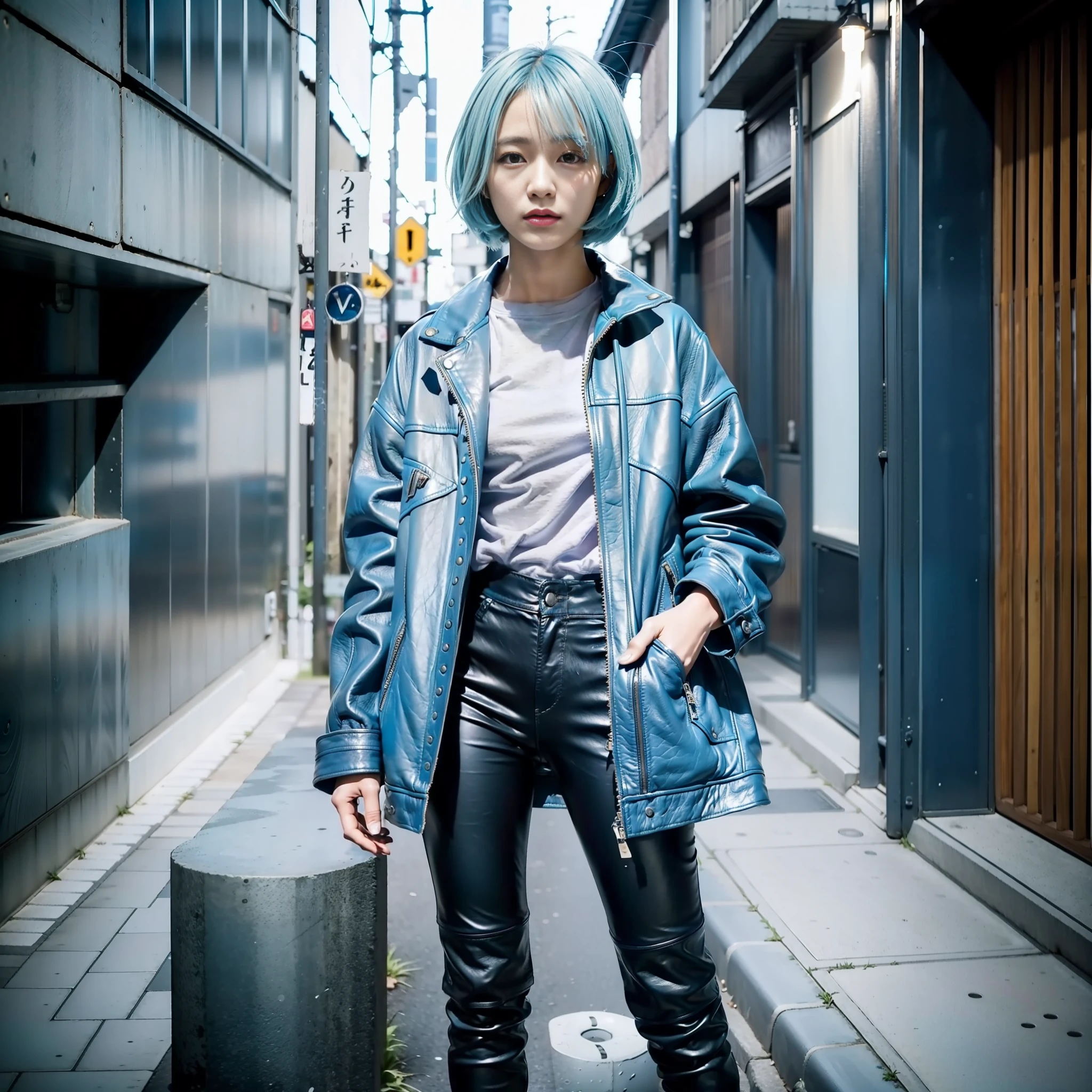 Japan Female, 18 years old, looking at the camera, close-up boyish wild cool light blue riders jacket leather pants leather boots 180cm g cup light blue hair short bob