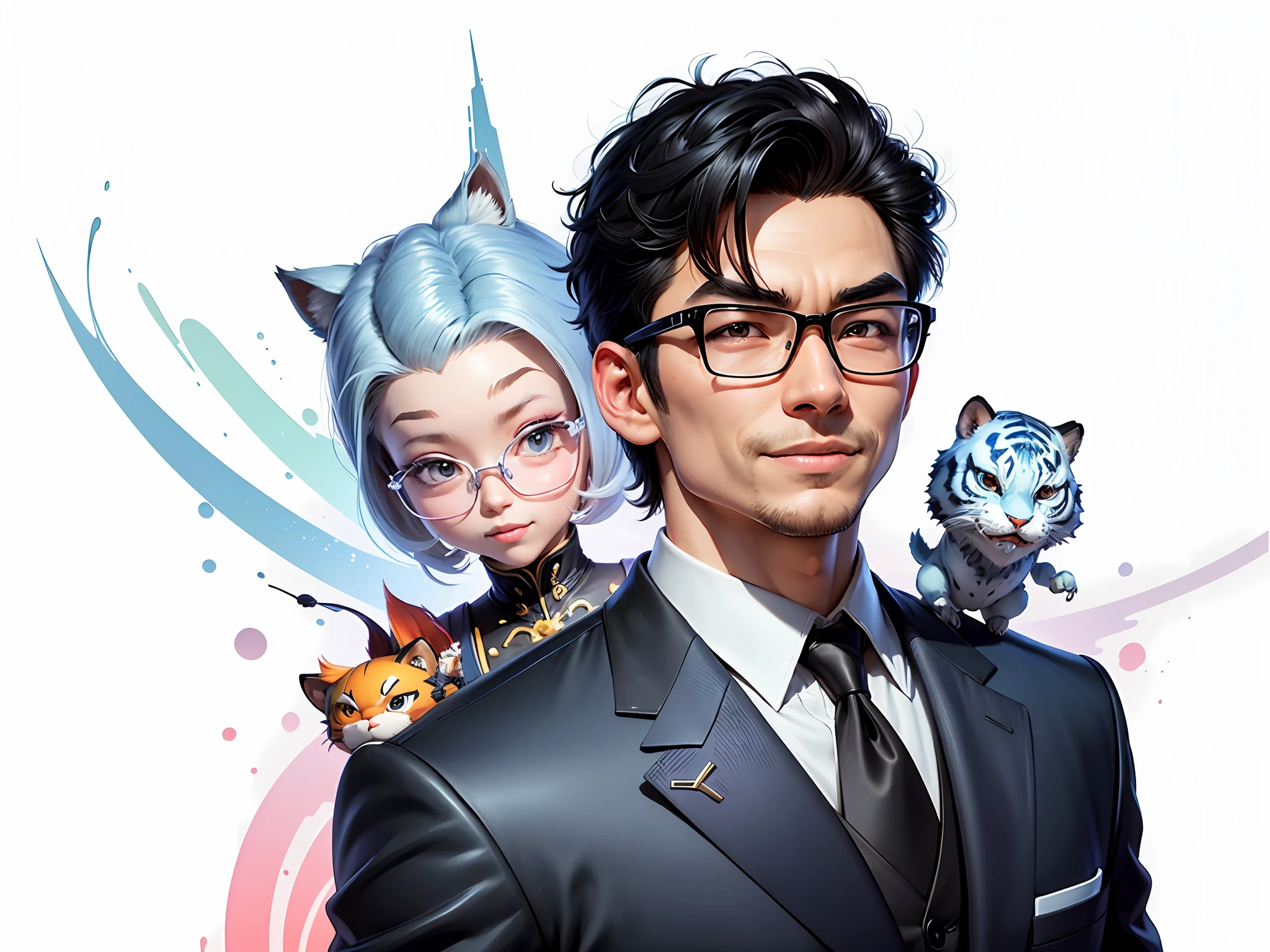 (Masterpiece), (Extreme Quality), (Super Meticulous), (Full Body: 1.2), Super Young Man, Chinese Dragon, Tiger, Wind God Thor, Sexy, Bursting, Oriental Face, TV Anchor, Bust Portrait Illustration, Black Formal Suit, Blue Tie, Slightly Chubby Face, Silver Glasses, Very Clean Face, No Beard on Chin, Black Super Short Hair, Black Eyes, Confident Smile, 3c Computer Sub-Products, iPad, iPhone, Digital Painting, 3D Character Design by Mark Claireden and Pixar and Hayao Miyazaki and Akira Toriyama, The illustration is a high-definition illustration in 4K resolution with very detailed facial features and cartoon-style visuals.