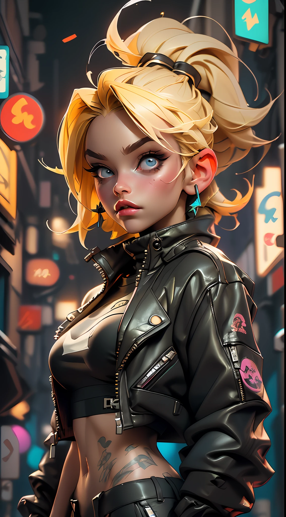 ((Best Quality)), ((Masterpiece)), empty alley background,  night,  ((Realistic)) and ultra-detailed photography of a 1nerdy girl with goth and neon colors. She has ((blonde hair)), wears a techwear jacket and exudes a vibe ((beautiful and aesthetic)), sexy, underboobs, hot