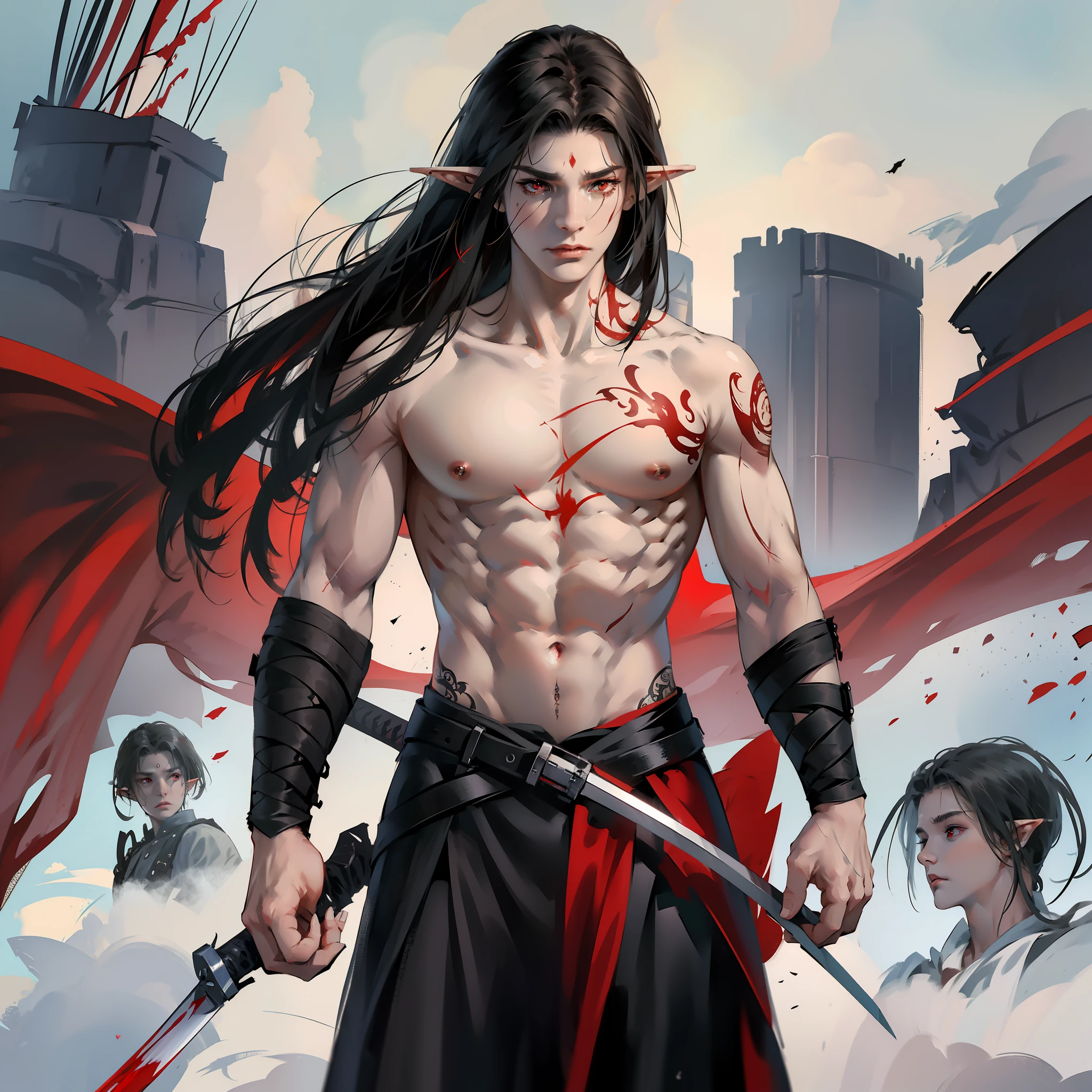 Male focus, elf, war, battlefield, torn clothes, sword, long black hair, red eyes, blood on white garment, serious and melancholic face, muscles in sight, cicatriszes in sight, tattoo in sight, standing, low-cut garments, superiority pose, detailed body, detailed face