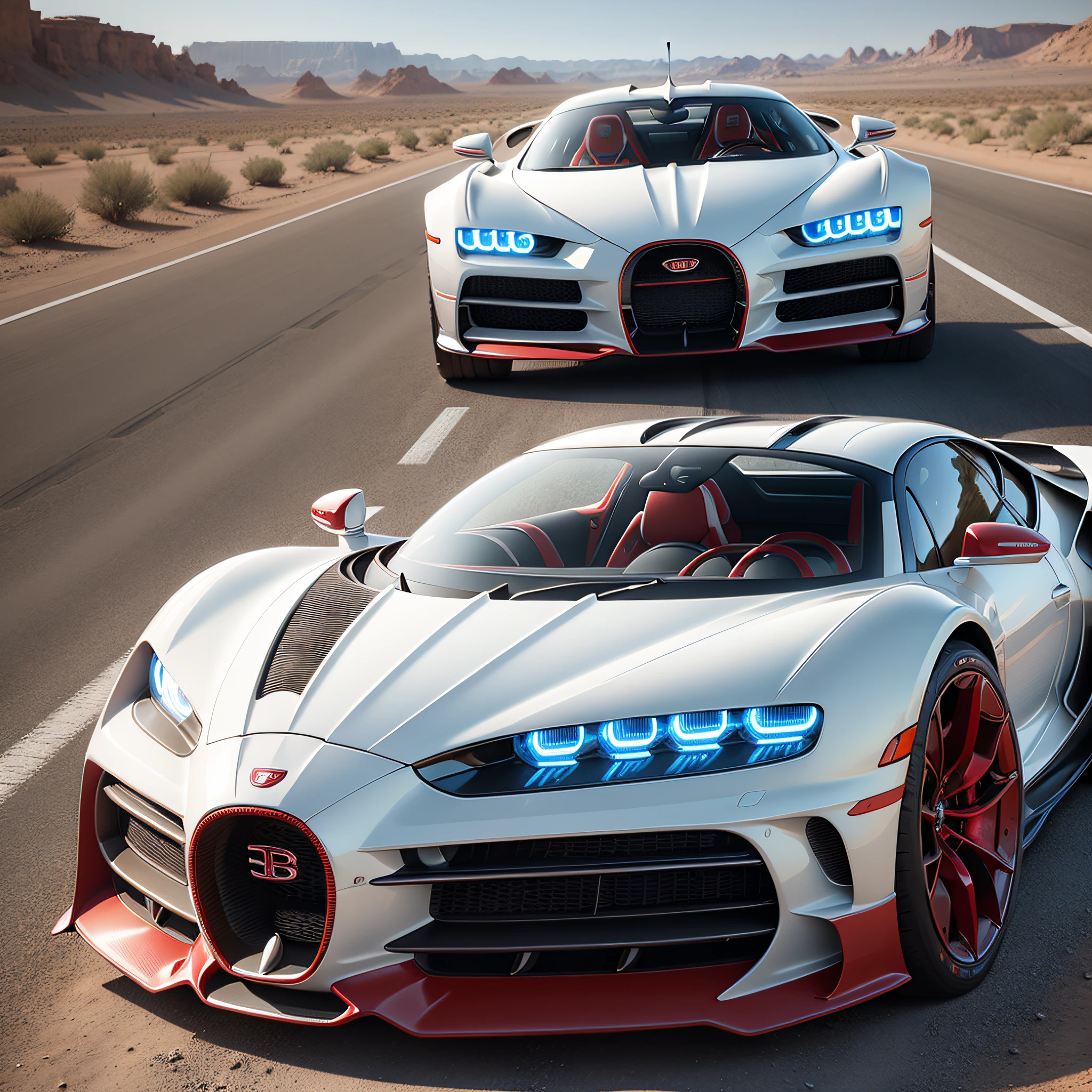 a close up of a white and red car on a road, bugatti, chiron, futuristic in the desert, hyper real render, trailer, futuristic cars, concept, vehicle concept photo!!, futuristic vehicles, futuristic vehicle, futuristic concept car, concept car, concept ar, futuristic car, concept art. 8 k, hyper luxurious, futuristic car concept