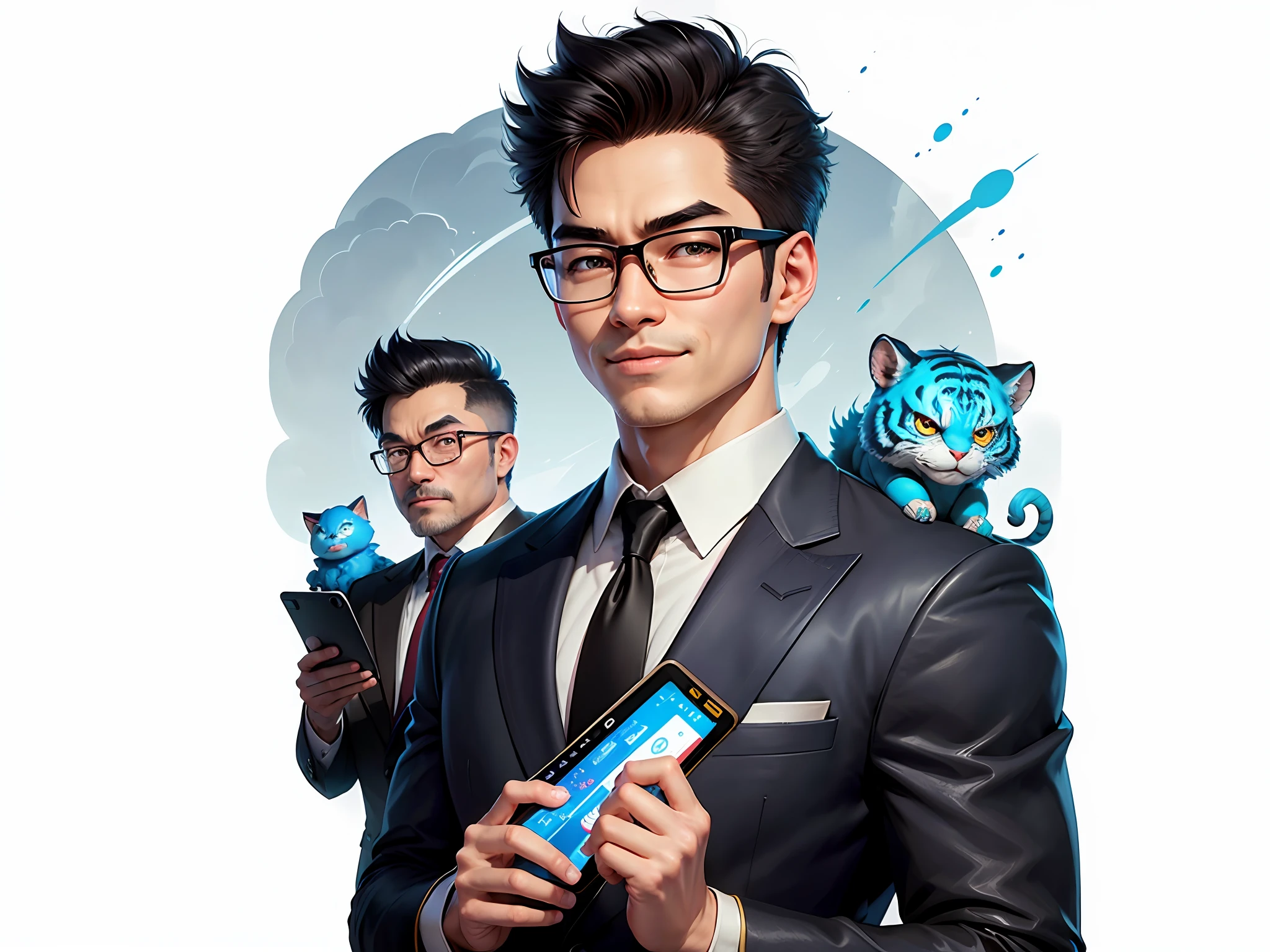 (Masterpiece), (Extreme Quality), (Super Meticulous), (Full Body: 1.2), Super Young Man, Chinese Dragon, Tiger, Wind God Thor, Sexy, Bursting, Oriental Face, TV Anchor, Bust Portrait Illustration, Black Formal Suit, Blue Tie, Slightly Chubby Face, Silver Glasses, Very Clean Face, No Beard on Chin, Black Super Short Hair, Black Eyes, Confident Smile, 3c Computer Sub-Products, iPad, iPhone, Digital Painting, 3D Character Design by Mark Claireden and Pixar and Hayao Miyazaki and Akira Toriyama, The illustration is a high-definition illustration in 4K resolution with very detailed facial features and cartoon-style visuals.