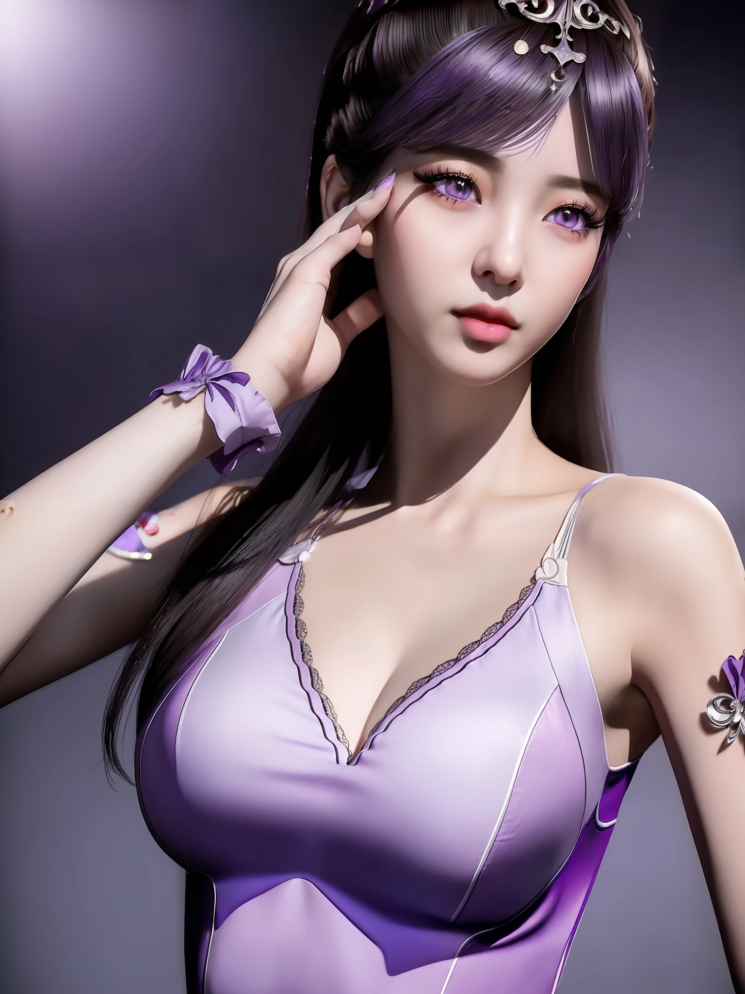 xiaowu, ({1girl, solo}:2), mature female, masterpiece, mistress, goddess, rabbit ears, sitting, ring, tight clothes, tight dress, (no bra), ({masterpiece, best quality, realistic, photography, Nikon, 85mm, real life, sharp focus, 8k, high resolution, ultra-detailed}:1.4), (clarity:1.1), ({extremely detailed realistic hair, beautiful realistic hairstyle, realistic dark purple hair}:1.3), ({beautiful realistic face, extremely detailed realistic face}:1.3), ({realistic purple eyes, extremely detailed realistic eyes, perfect eyes|extremely detailed realistic pupils, extremely detailed realistic eyelashes}:1.5), ({realistic lips, beautiful realistic lips}:1.3), ({proportional anatomy, upper body from head to thighs, slender abs}:1.5), ({proportional realistic breasts, realistic medium breasts}:1.3),