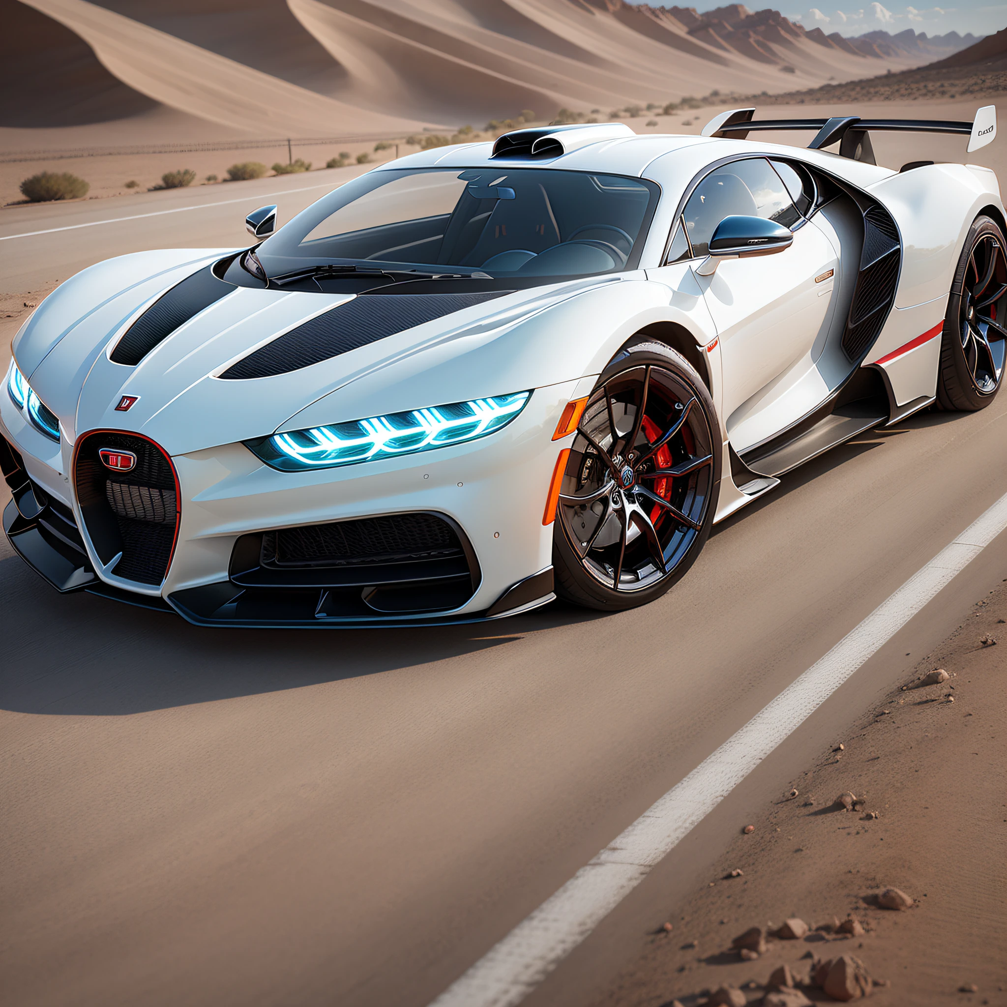 a close up of a white and red car on a road, concept art by Emanuel Büchel, shutterstock, hypermodernism, bugatti, chiron, futuristic in the desert, hyper real render, trailer, futuristic cars, concept, futuristic vehicles, vehicle concept photo!!, futuristic vehicle, futuristic concept car, concept car, concept ar, futuristic car