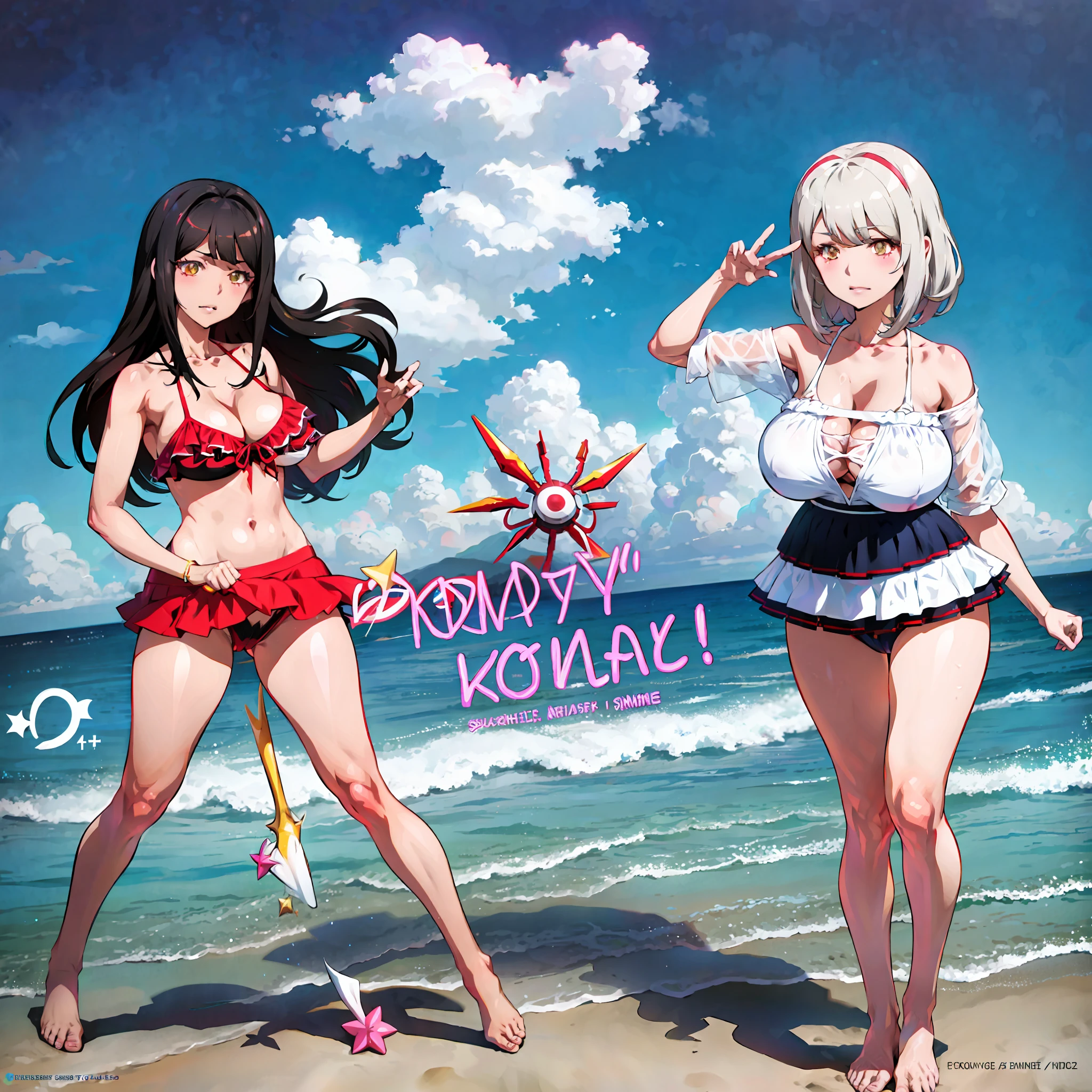 Albedo in a bikini with a star in the background, Albedo, Albedo of Overlod, costume: Bikini, bikini, in a bikini, swimsuit, full body:: Sunny Weather::, Marin Kitagawa fanart,seductive anime girl, Joy Ride art style, cat eyes, fit body, gynoid body, perfect body, big breasts, Ilya Kuvshinov, Anime Moe Artstyle, On the beach, realistic bikini,Magazine cover pose,