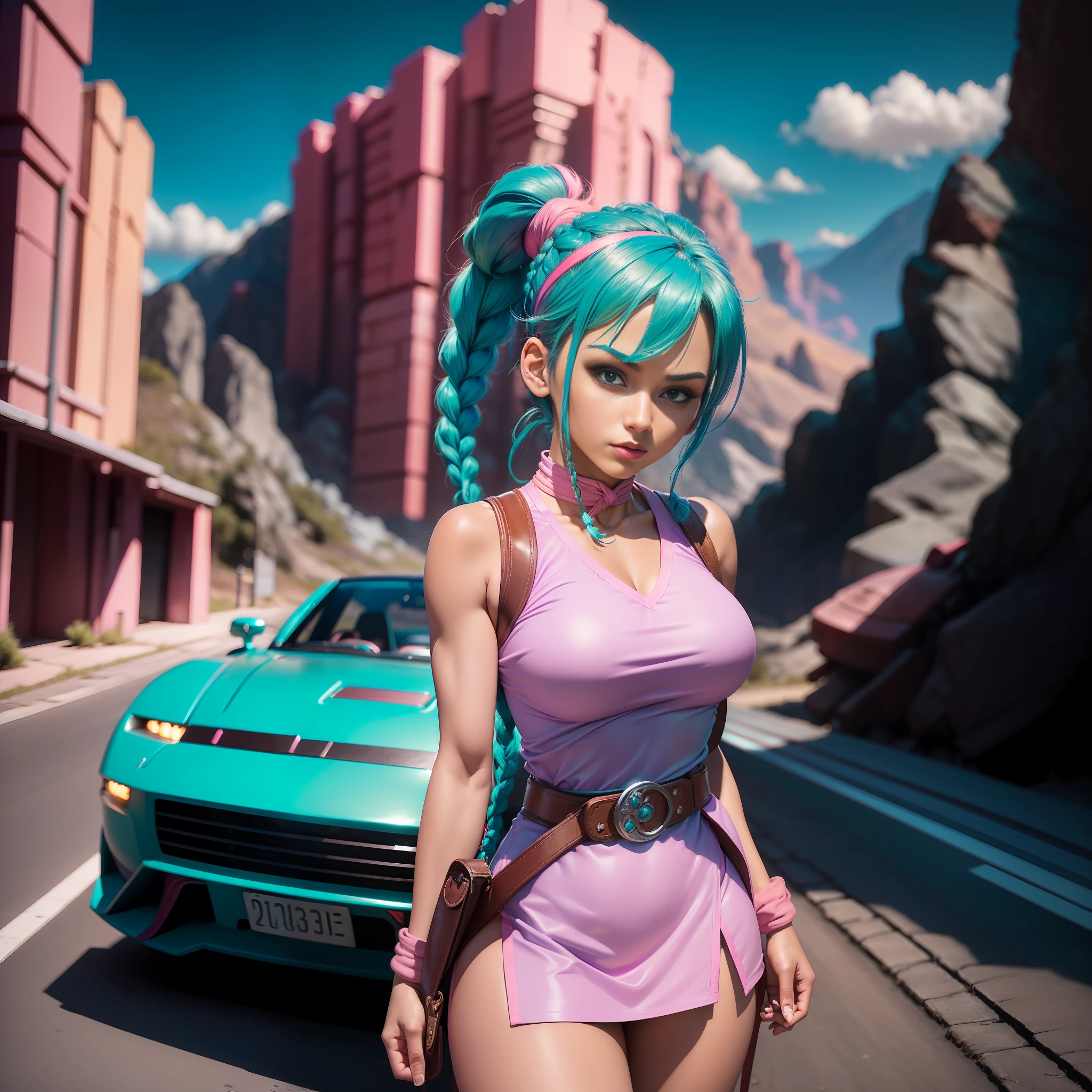 ((Masterpiece)), Bulma from Dragon Ball,  Perfect Body, Perfect Face, ((turquoise braid ponytail hair)), ((Pink Short  Full body Dress)), ((Brown Belt with a Blue belt pouch)), Red Ribbon, Blue Sport Shoes,  a Violet Bandana arround the neck,  violet Socks,  in the middle of a road surrended by hills, A Futuristic Car,  HD, Detailed and Intrincicated