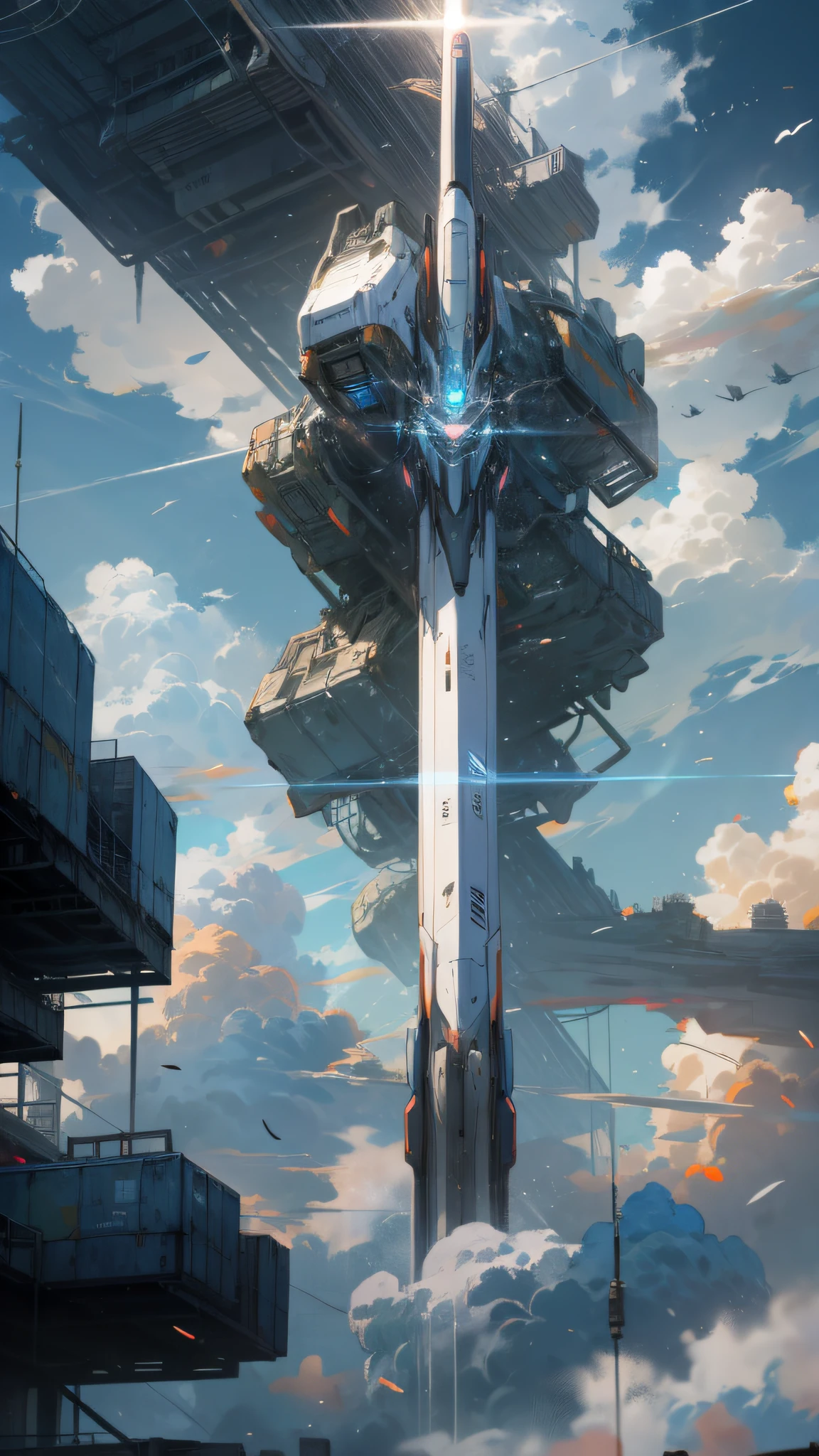 Sky, Clouds, holding_weapon, no_humans, Glow, Robots, Architecture, Science Fiction, Cities, Reality --v6