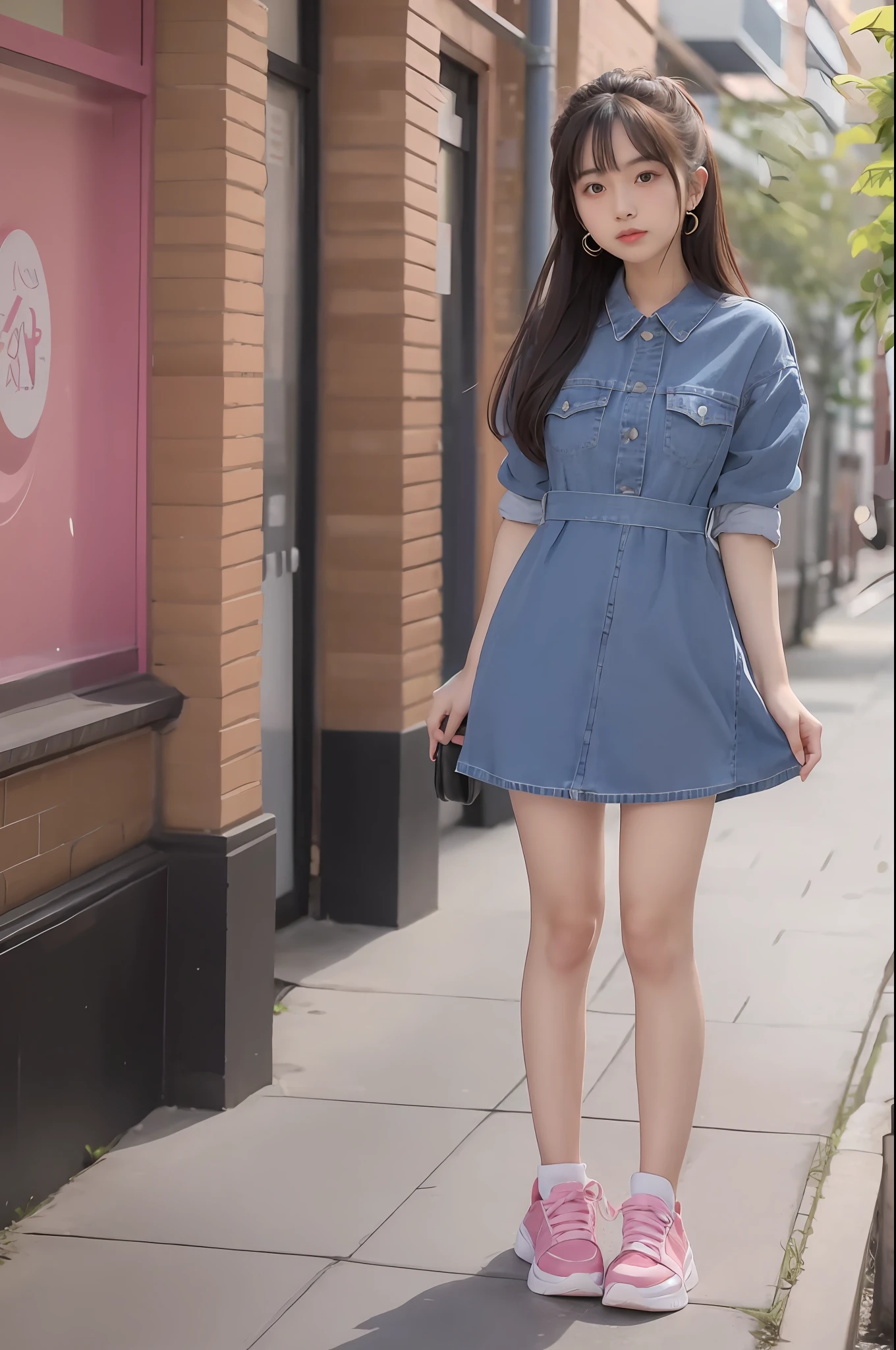 arafed asian girl in a denim dress and pink sneakers posing for a picture, full body cute young lady, photo of slim girl model, wearing in a summer dress, girl standing, fashion model pose, wearing blue dress, wearing a blue dress, stylish dress, woman posing, fashion pose, cute:2, trendy clothes, sky - blue dress