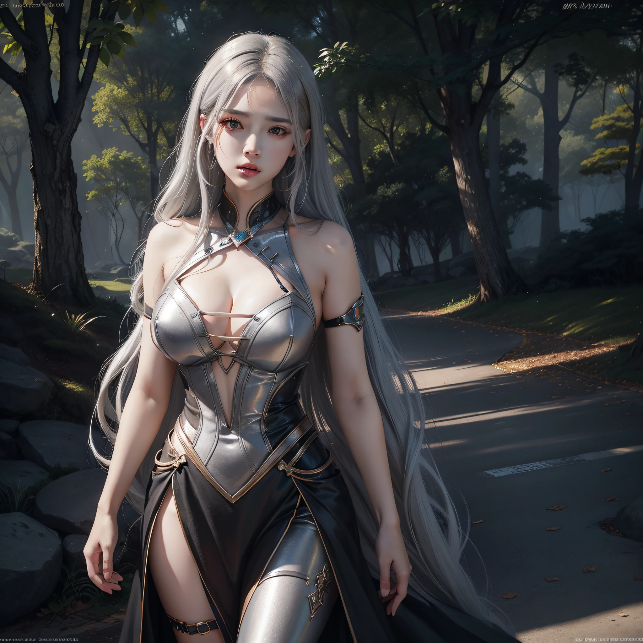 Surrealist female portraits, fantasy art, photorealism, dynamic lighting, artstation, posters, volumetric lighting, very detailed faces, 8 k,,,1girl, in the park, transparent sexy clothes, long hair, gray hair, exposed, giant breasts,