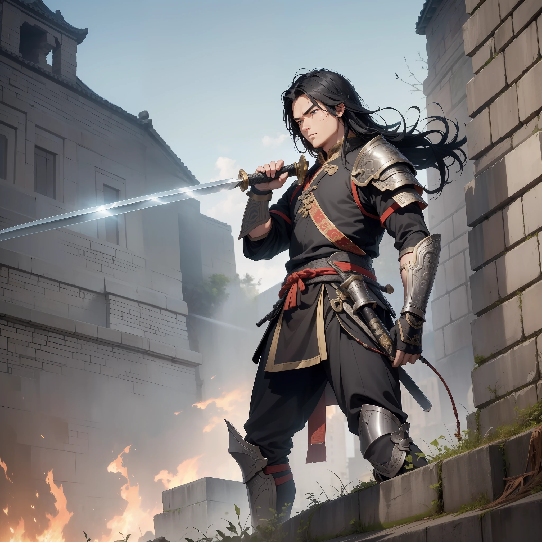 Absurd resolution, high resolution, (masterpiece: 1.4), hyper-detail, ancient China, black long-haired young man polishing weapons on the city wall (1.3), serious expression 1.5, warrior in ancient Chinese armor, standing on the ancient city wall (1.3), dusk, fire (man 1.5) (sharpening the action of sword 1.5)