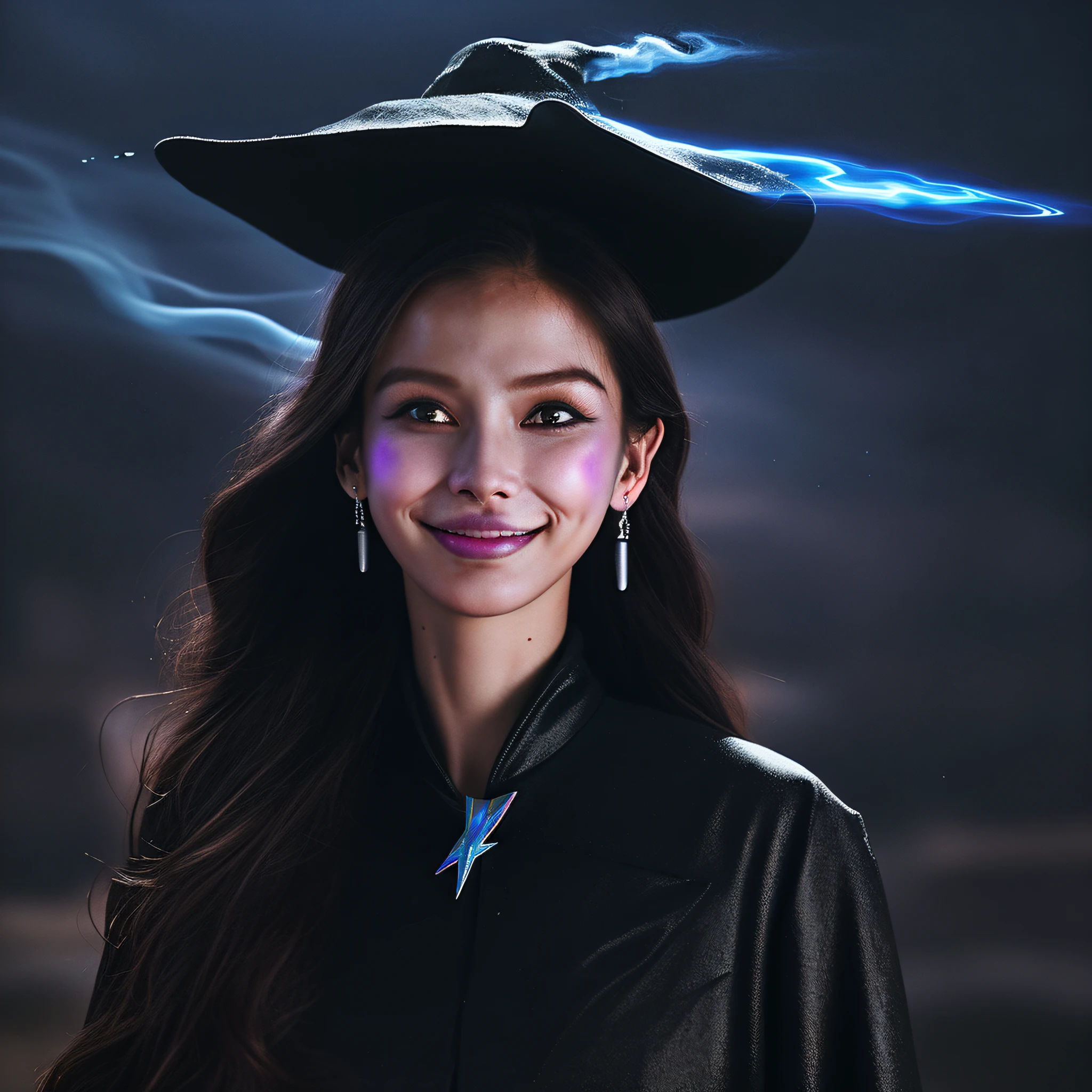 Best Quality, Masterpiece, Ultra High Resolution, (Realistic: 1.3), Original Photo, Unity 8k Wallpaper, Cowboy Shot, Witchcraft Punk AI, Purple and Blue Tones, (Lightning: 1.2), Panorama, In the Castle, Halo, Halo, (Light Particle: 1.2), Witch Hat, Witch Mercy, (Spell: 1.2), (Evil Smile: 1.1), Glowing Hands, Glowing Hair, Happy, Smoke, Phanpy, Shocking Scene, Complex Background,