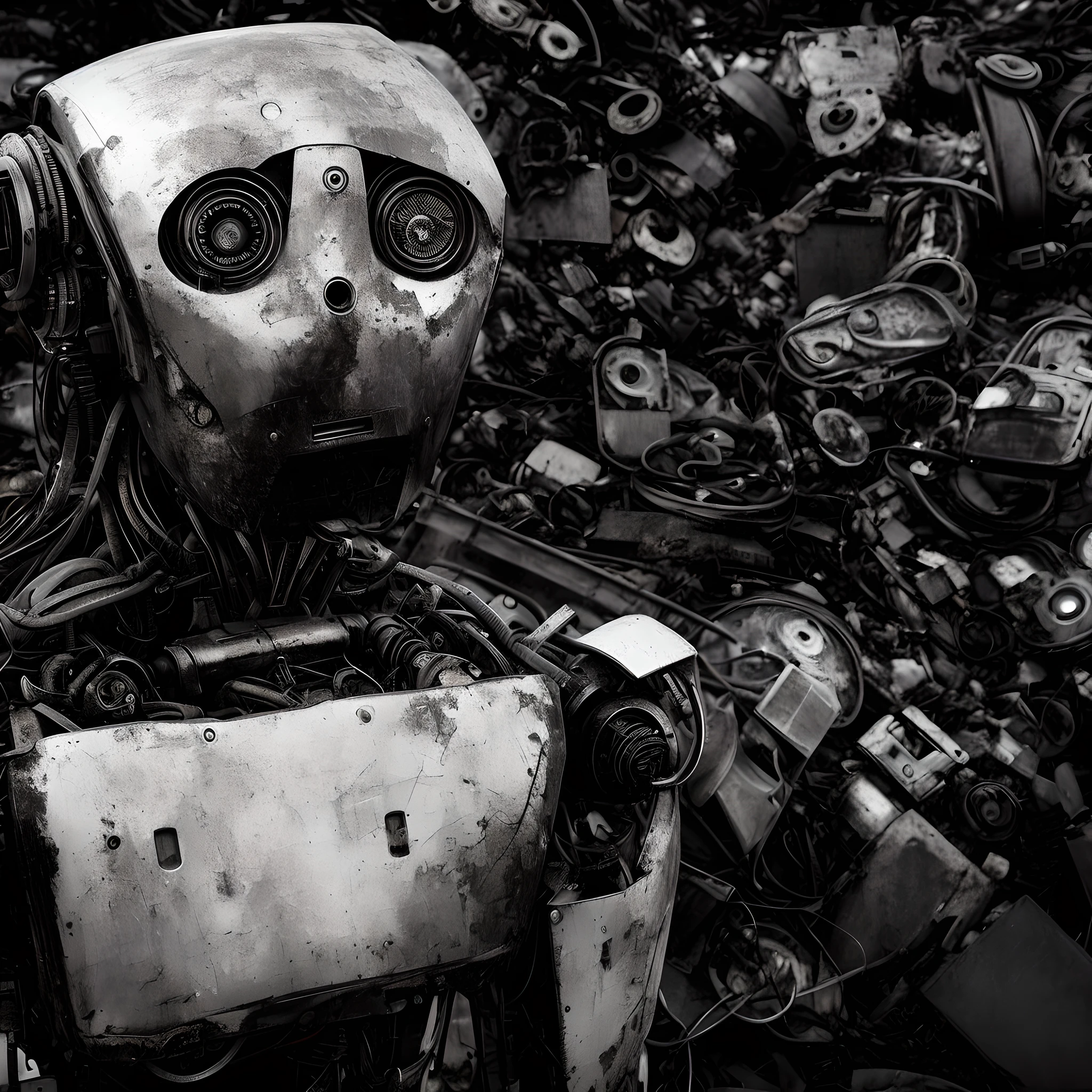 arafed robot sitting in a pile of robotic garbage in a robot dump, sad robot, destroyed robots, black and white robot photography, sebastião salgado photograph, discarded mecha in the background, robot destruction, portrait of a sad robot, cyberpunk robot, robot portrait, ((robot)), portrait of an android, dystopian digital art, ( ( cyborgs robot ) ), Portrait of a mecha, award-winning photograph, blurred background