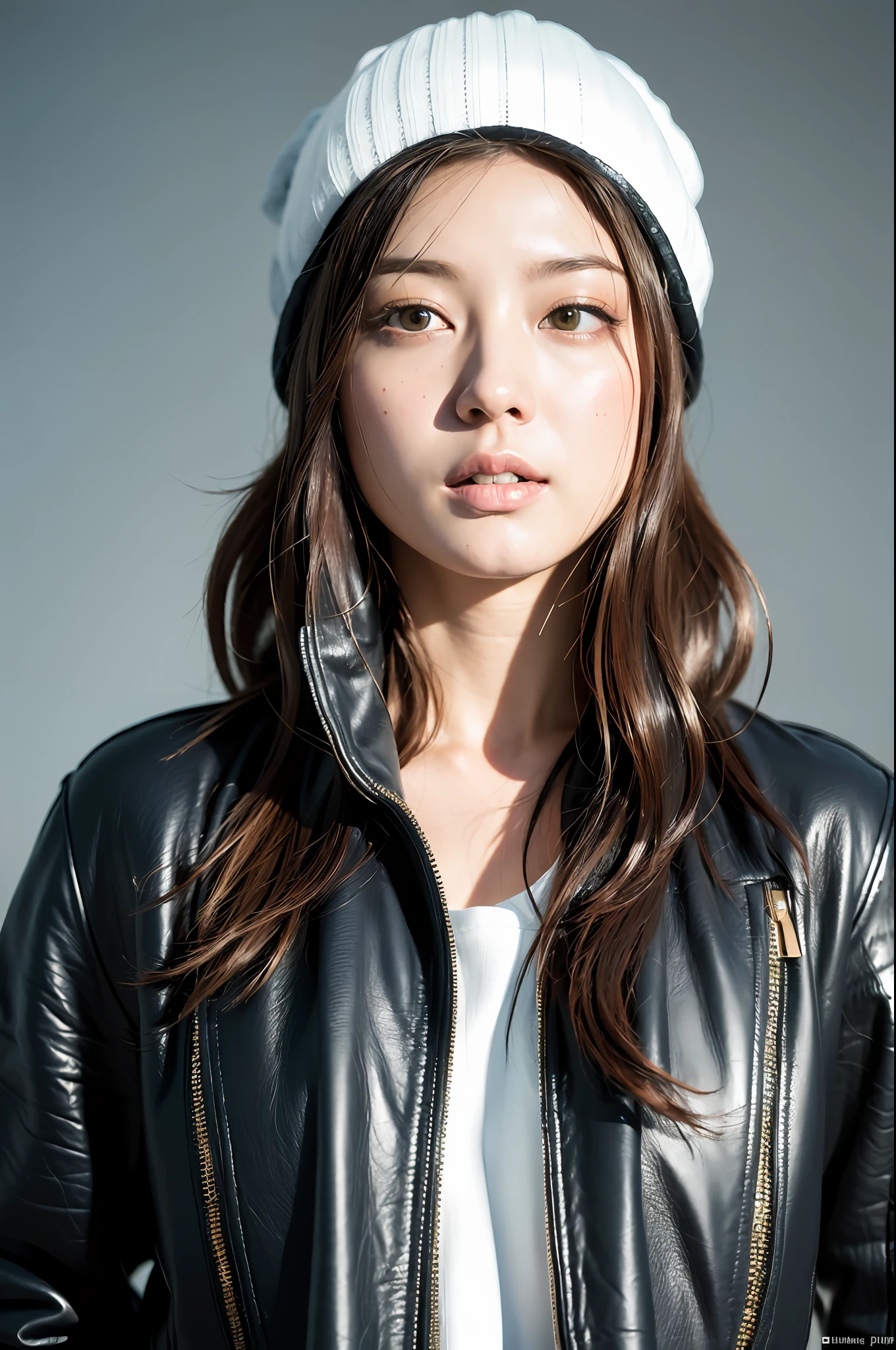 (
(8k:1.27), best quality, masterpiece, ultra highres:1.2) Photo of Pretty Japanese woman
 (beautiful:1.1) (sci-fi warrior woman:1.1) space soldier, (beanie:1.61) (leather jacket:1.21) intricate elegant, fantasy, detailed, ometric by greg rutkowski and alphonse mucha, gradient lighting, nude, snfw