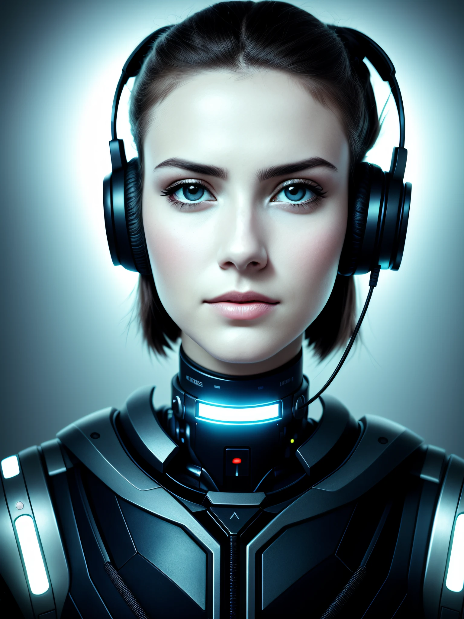 there is a robot with headphones on and a bright light, cybernetic bionic ancient cyborg, portrait of a futuristic robot, portrait of a female android, detailed portrait of a cyborg, female android portrait, close-up portrait of cyborg, cybernetic and highly detailed, cyborg woman, cyborg - girl, portrait of a cyborg, perfect female cyborg, front portrait,  3x4 photo style