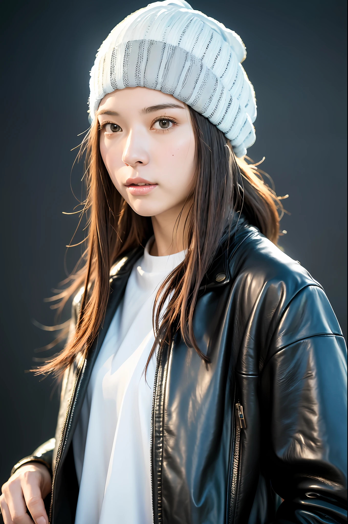 (
(8k:1.27), best quality, masterpiece, ultra highres:1.2) Photo of Pretty Japanese woman
(beautiful:1.1) (sci-fi warrior woman:1.1) space soldier, (beanie:1.61) (leather jacket:1.21) intricate elegant, fantasy, detailed, ometric by greg rutkowski and alphonse mucha, gradient lighting, nude, snfw