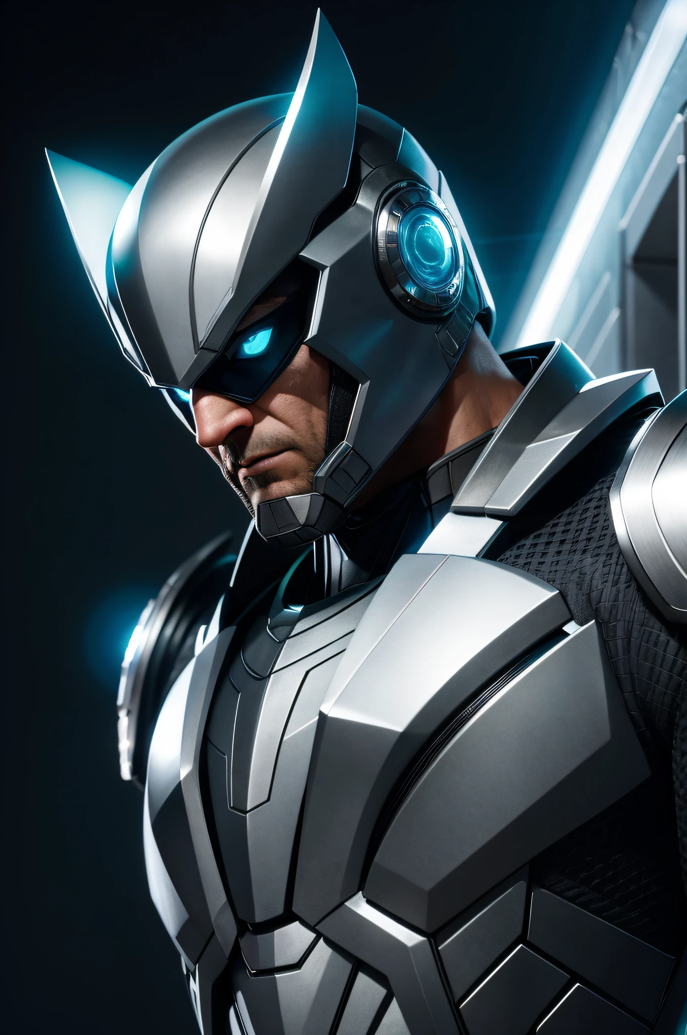 Marvel, silver owl superhero, silver owl helmet , realistically, dynamic lights, old, gray stubble, neon glow full shoot, (extremely detailed CG unity 8k wallpaper), trending on ArtStation, trending on CGSociety, High Detail, Sharp focus, dramatic, photorealistic