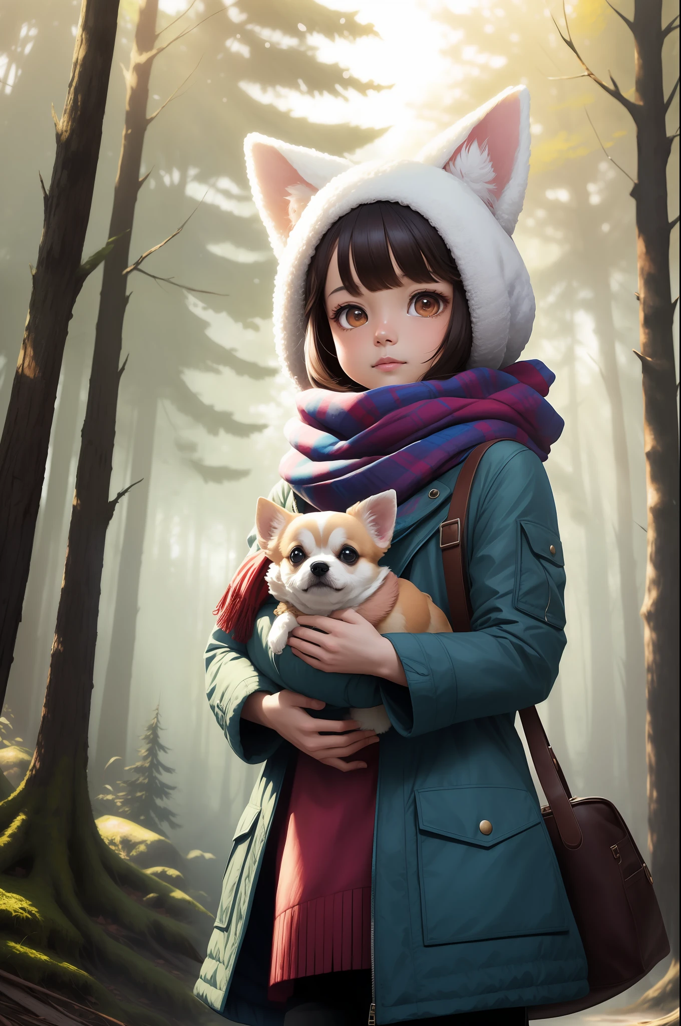 Style-NebMagic, Portrait of a round fluffy baby chihuahua DOG wearing a scarf made of Style-SylvaMagic in the sunny forest, by Ismail Inceoglu, Gazelli, James Jean, Anton Fadeev and Yoshitaka Amano, insanely detailed, 8k resolution, digital art, trends in fashion arts station, vibrant colors, chibi style, a masterpiece, adorable and friendly