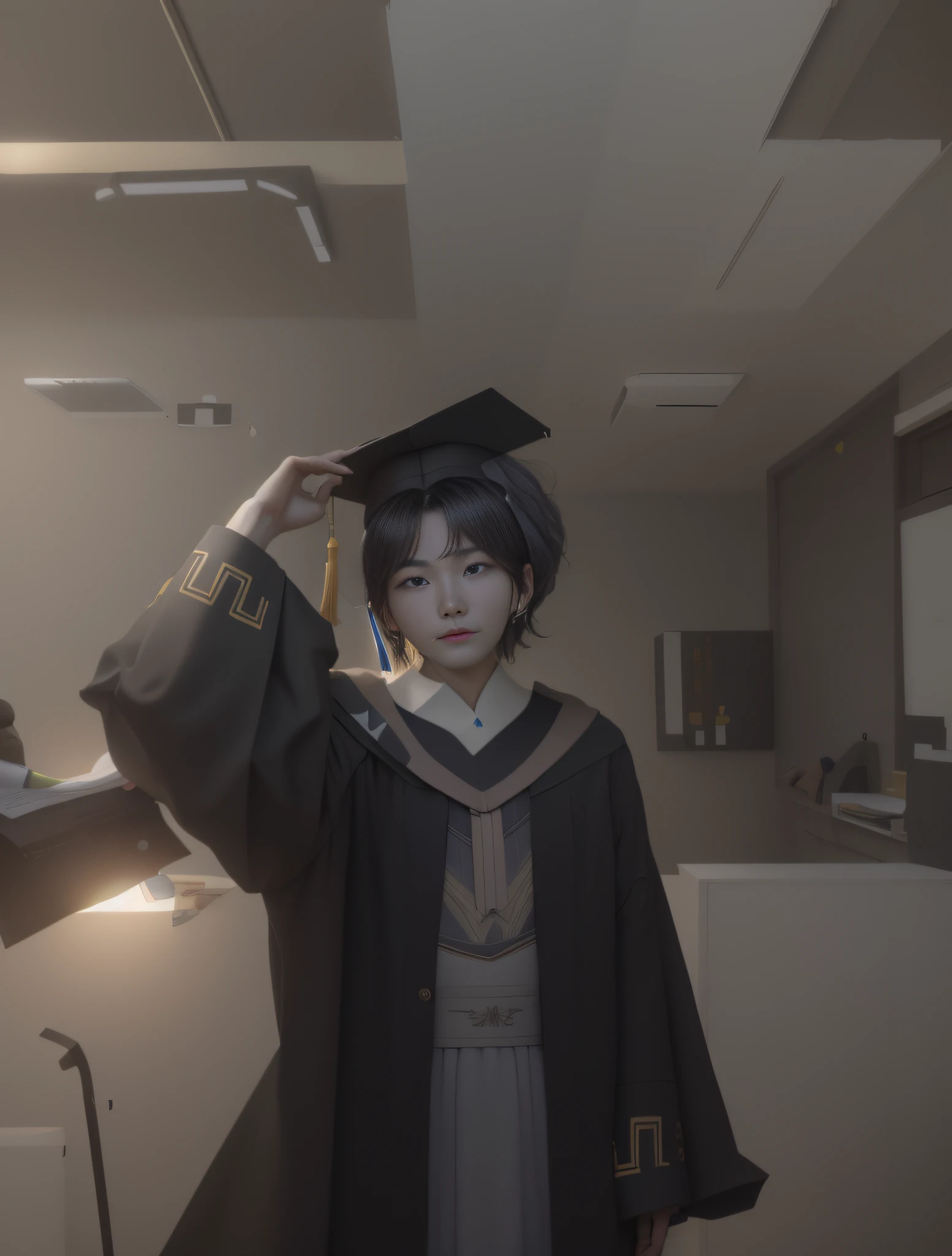 there is a woman in a graduation gown holding a hat, wearing an academic gown, graduation photo, cai xukun, inspired by Ma Yuanyu, xintong chen, wenfei ye, wenjun lin, student, 8k)), jinyiwei, kanliu666, profile picture 1024px, chengyou liu, xision wu --auto --s2